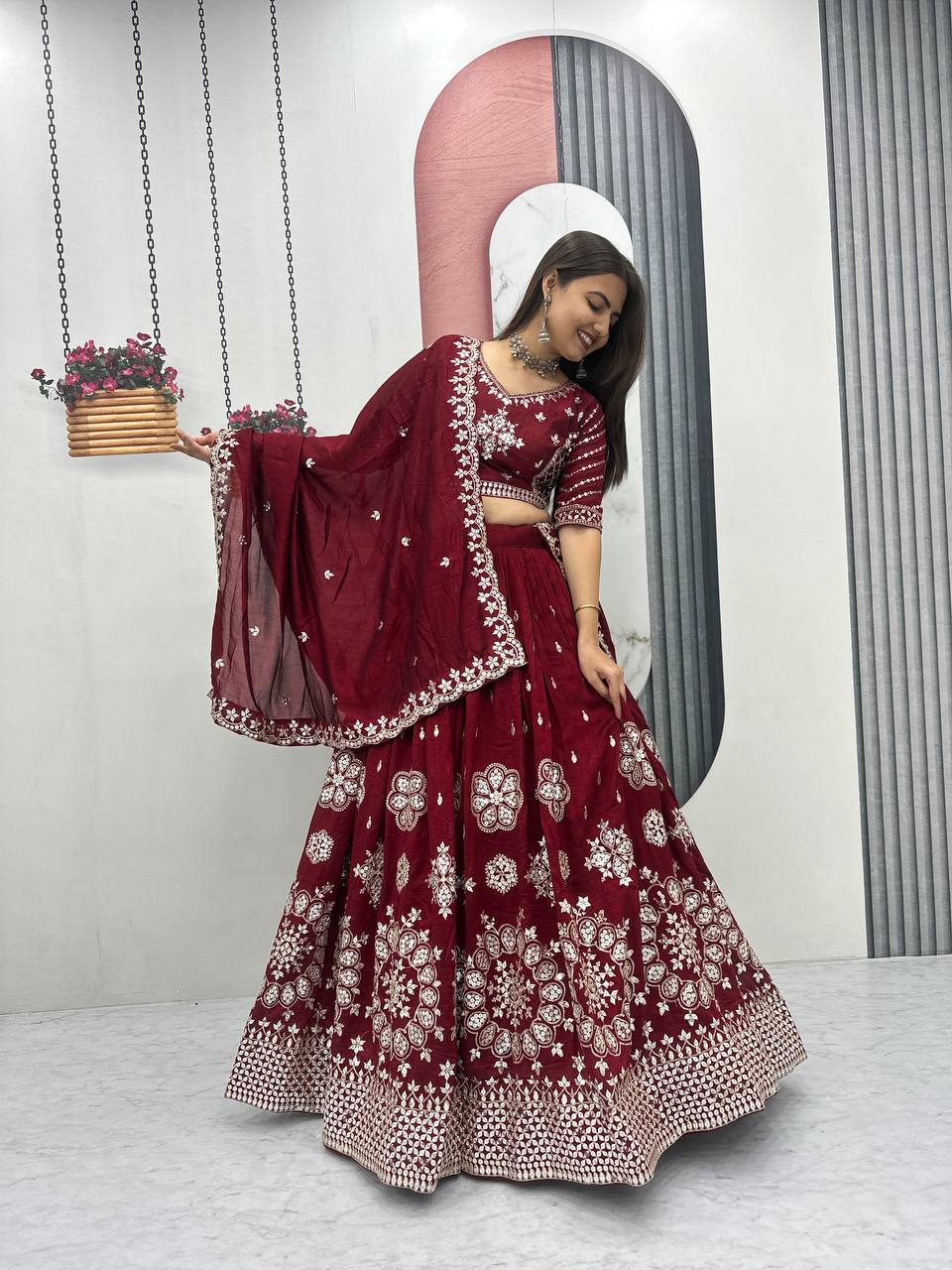 Maroon Vichitra Silk Embroidered Lehenga Choli with Dupatta For Women - Image 3