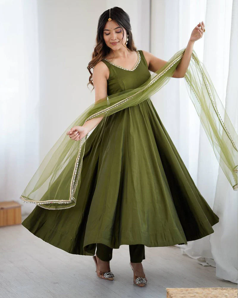 Mehndi Color Chanderi Pure Roman Silk Anarkali Suit