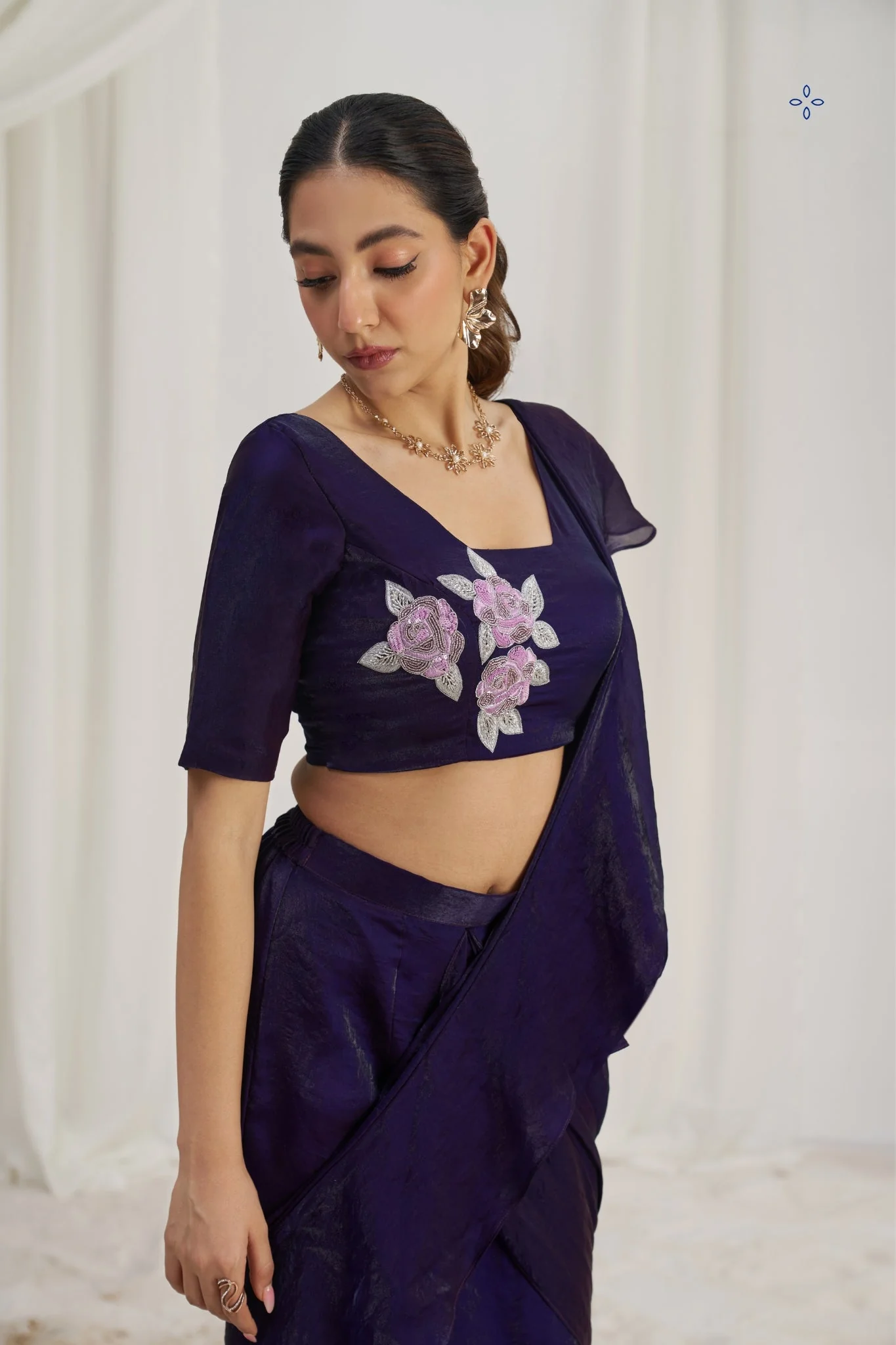 Midnight Bloom Luxury Organza Saree - Image 5