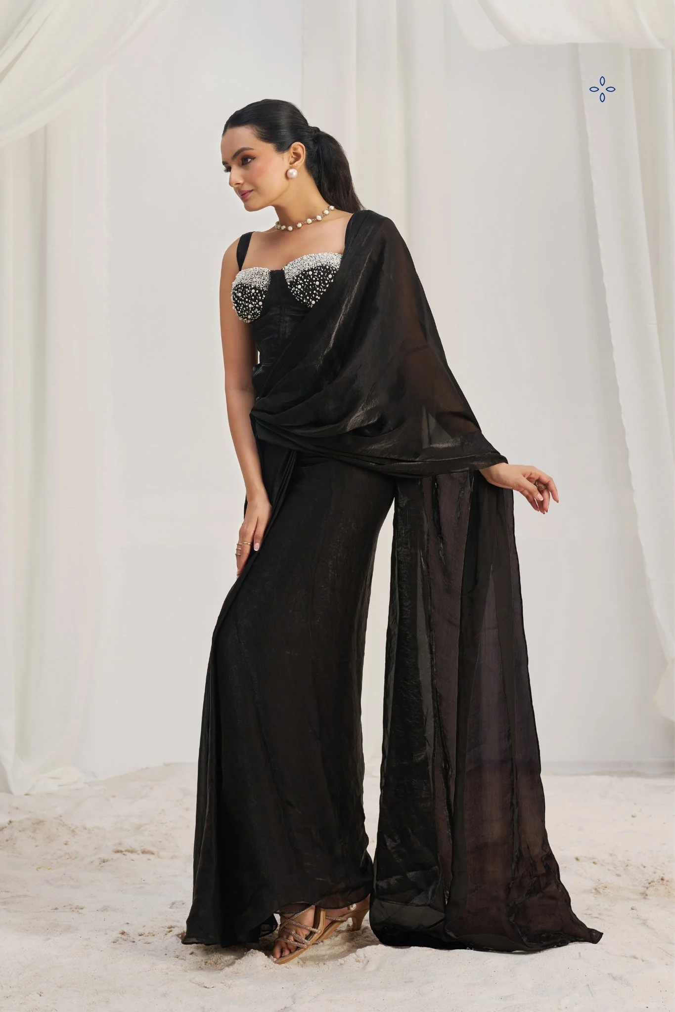 Midnight Noir Black Luxe Organza Saree With Signature Embellished Blouse - Image 3