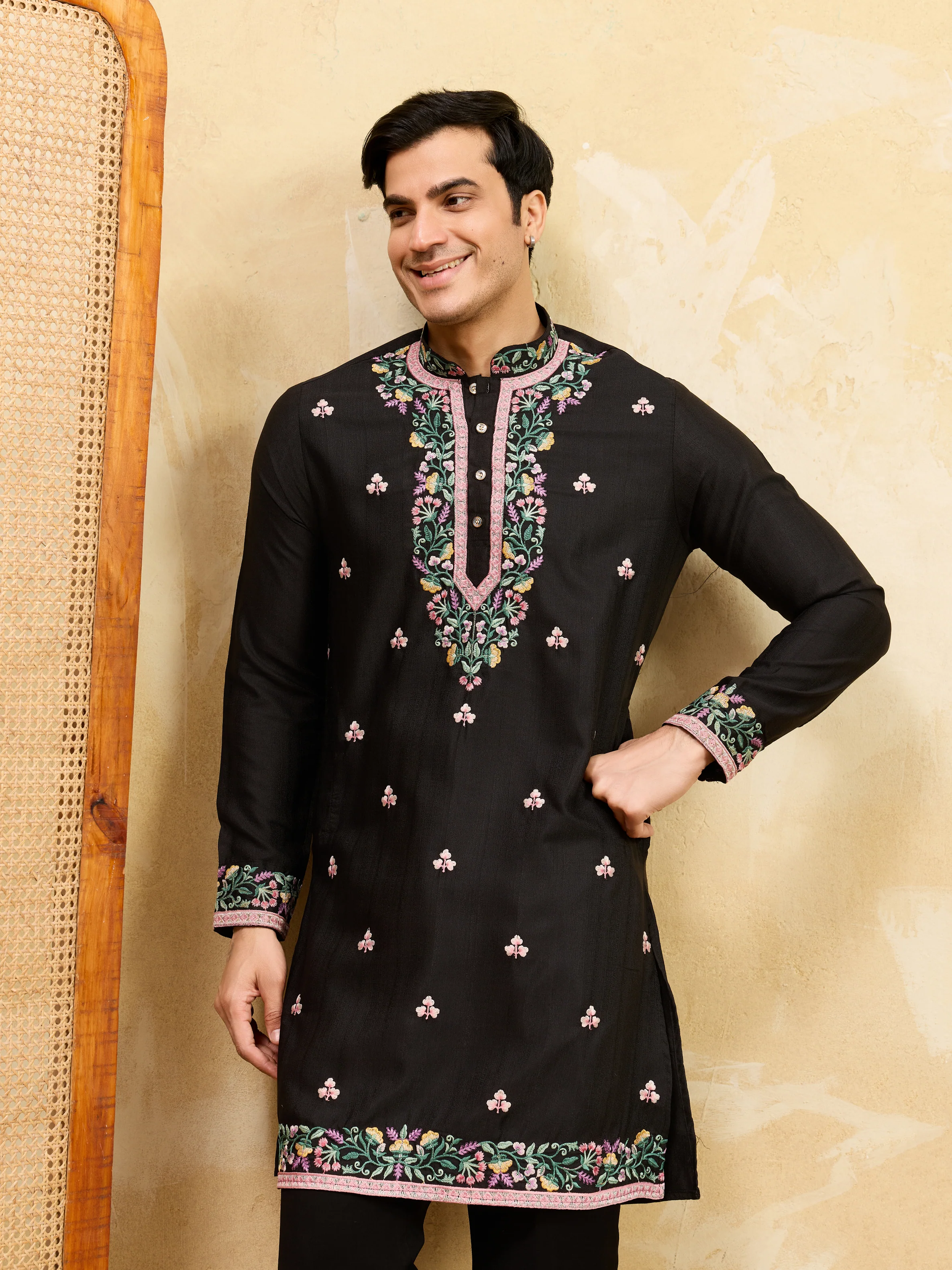 Modern Black Khadi Silk Kurta for Men Perfect for Festive Wear - Image 2