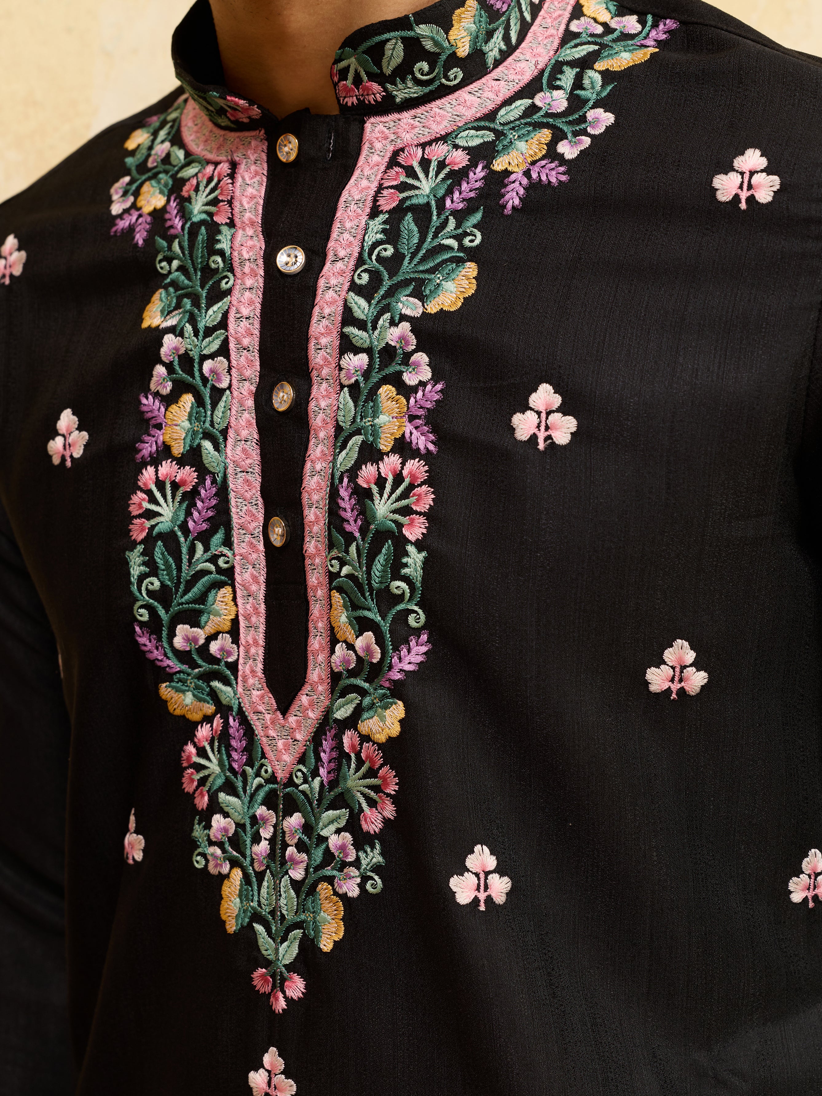 Modern Black Khadi Silk Kurta for Men Perfect for Festive Wear - Image 3