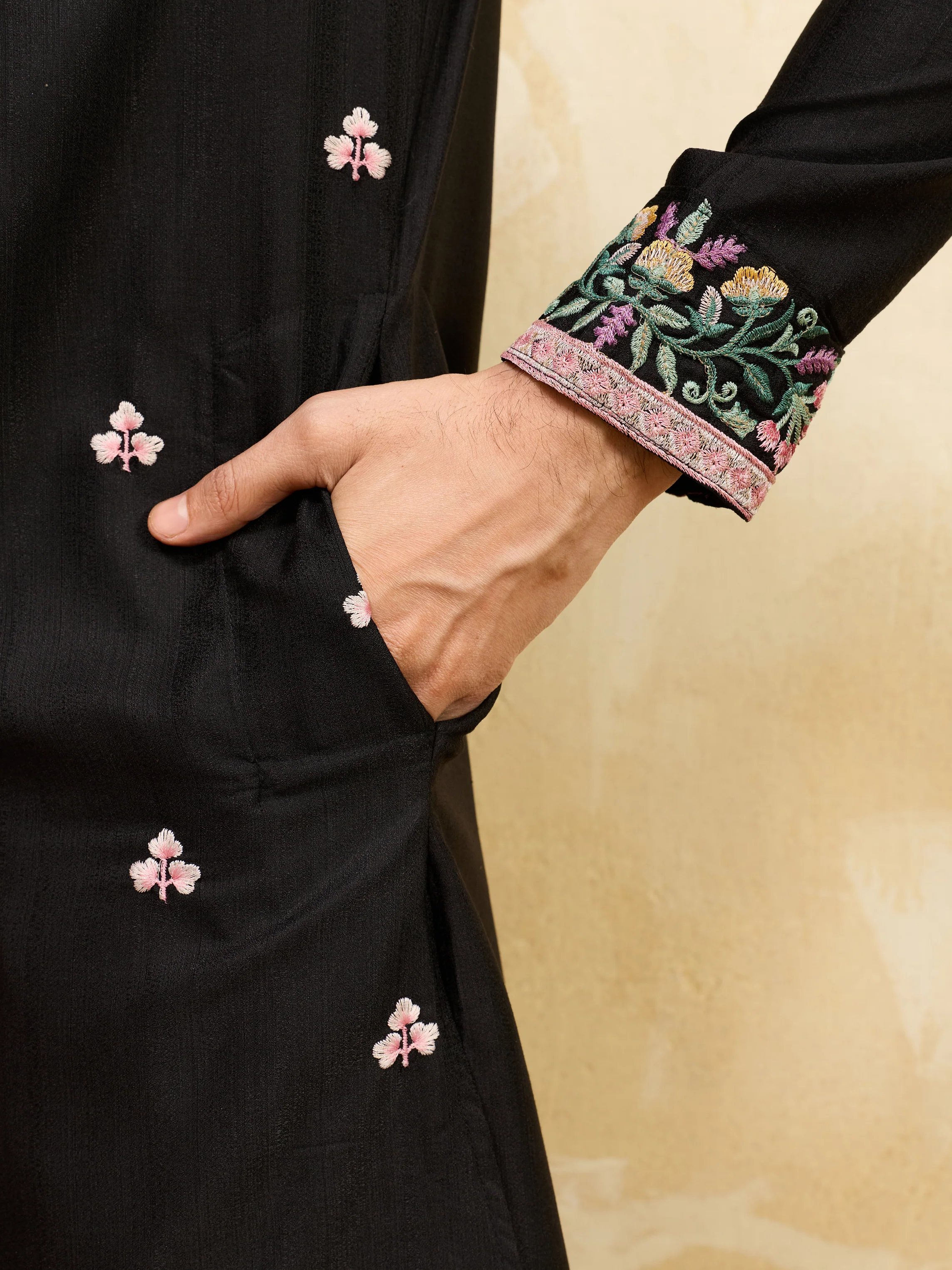 Modern Black Khadi Silk Kurta for Men Perfect for Festive Wear - Image 4