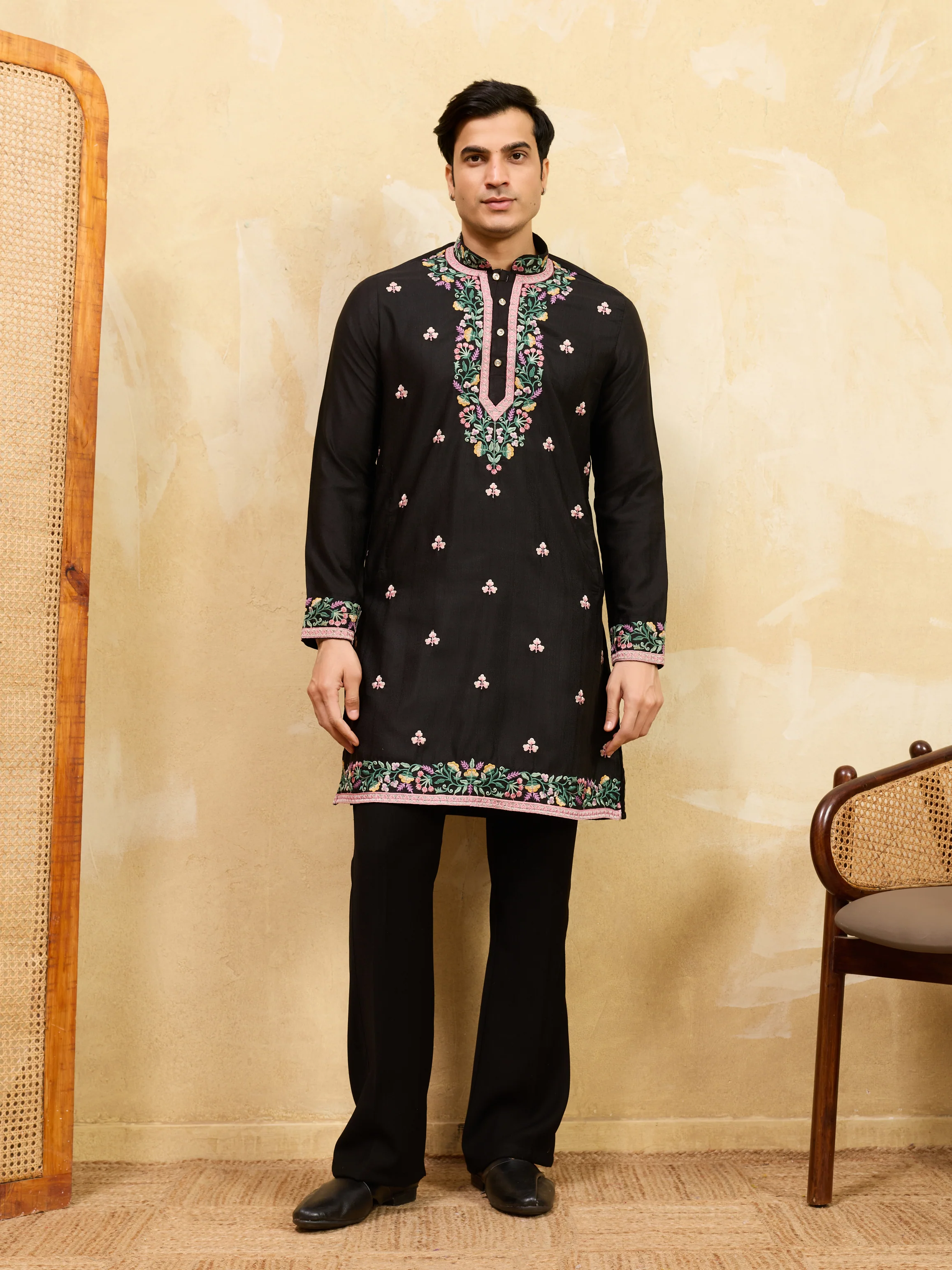 Modern Black Khadi Silk Kurta for Men Perfect for Festive Wear - Image 5