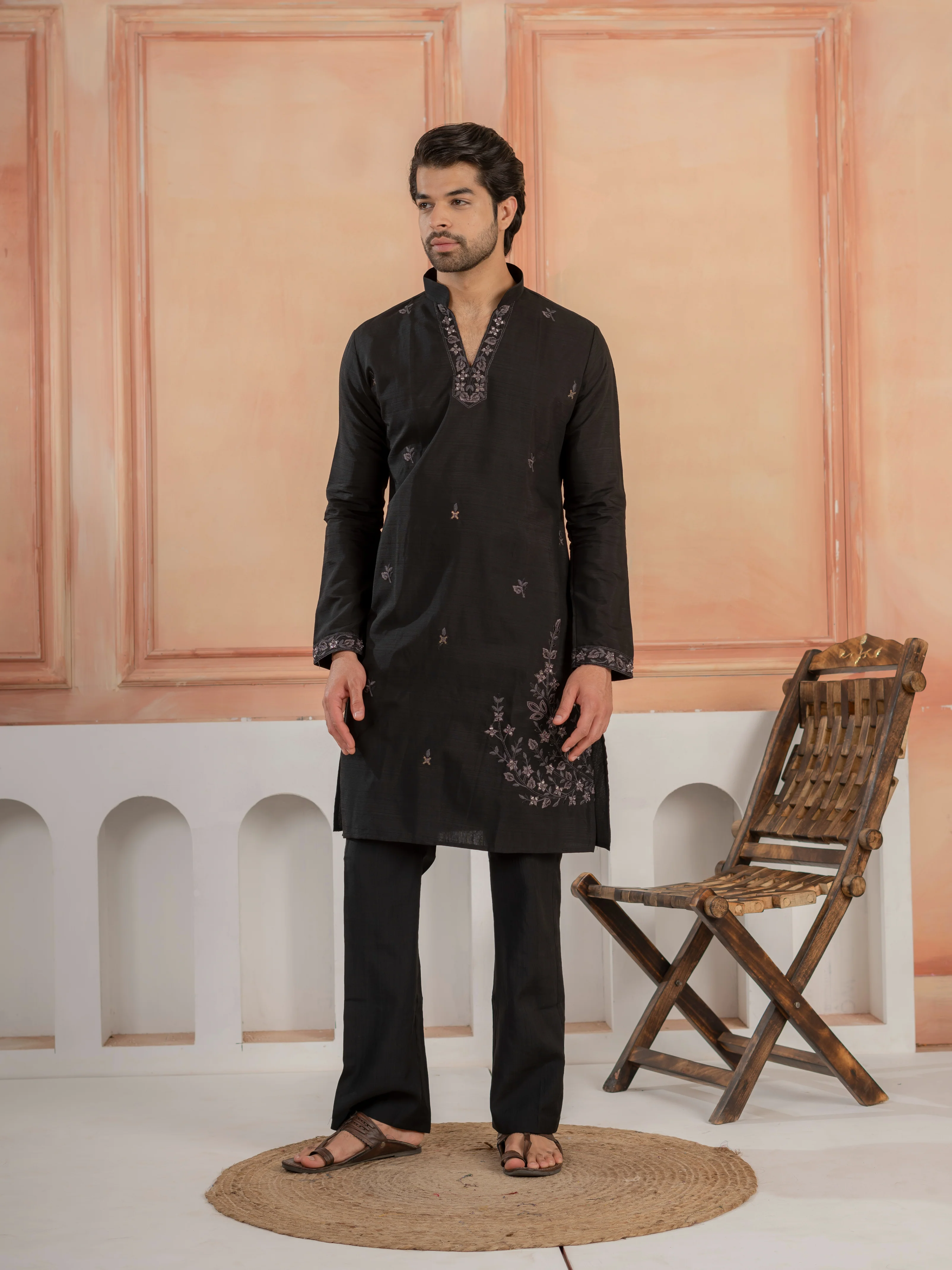 Modern Black Real Mirror Embroidery V-Neck Kurta Jacket & Pant - Image 5