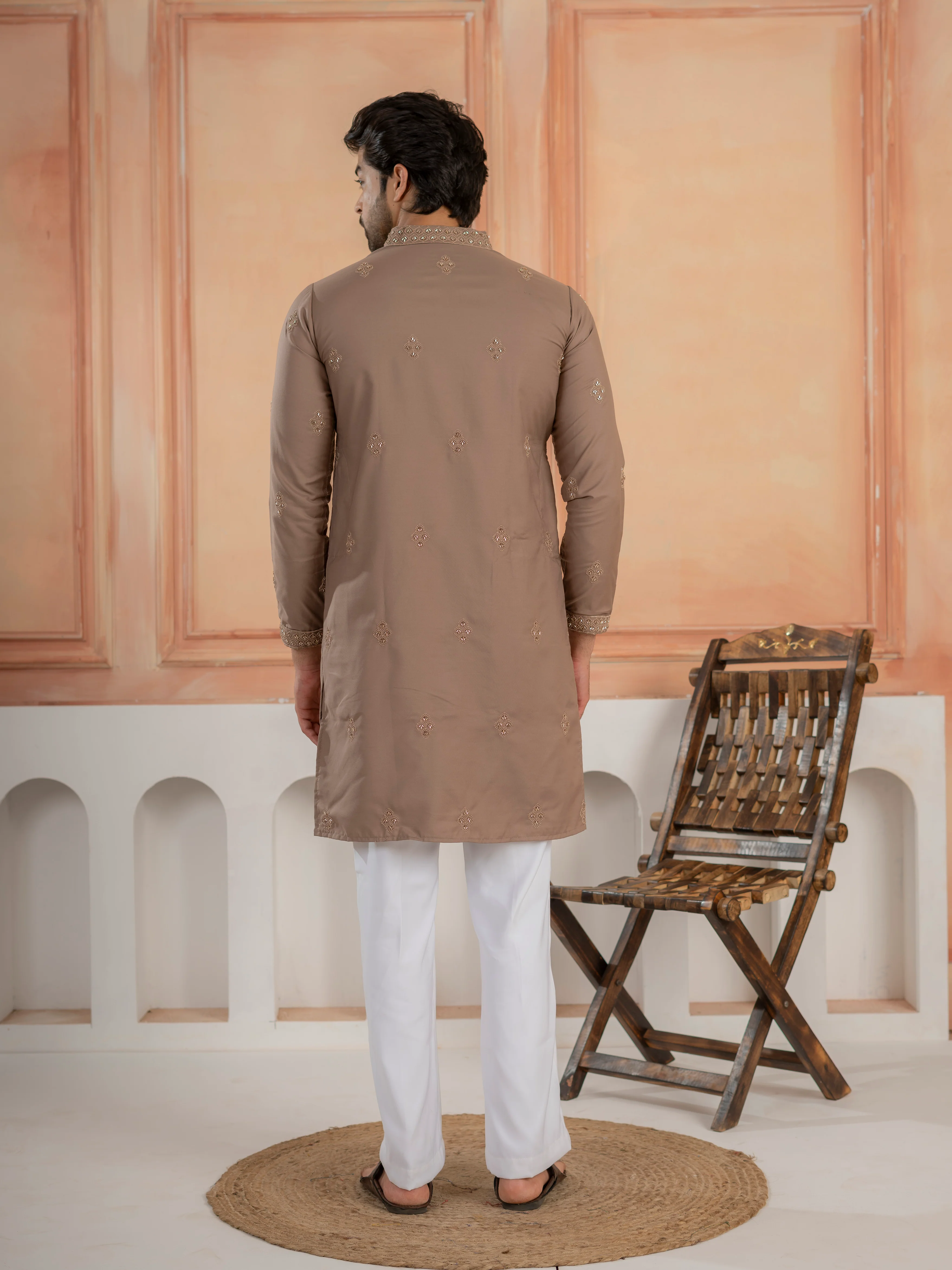 Modern Dusty Brown Soft Cotton Kurta Set with Butta Embroidery - Image 5