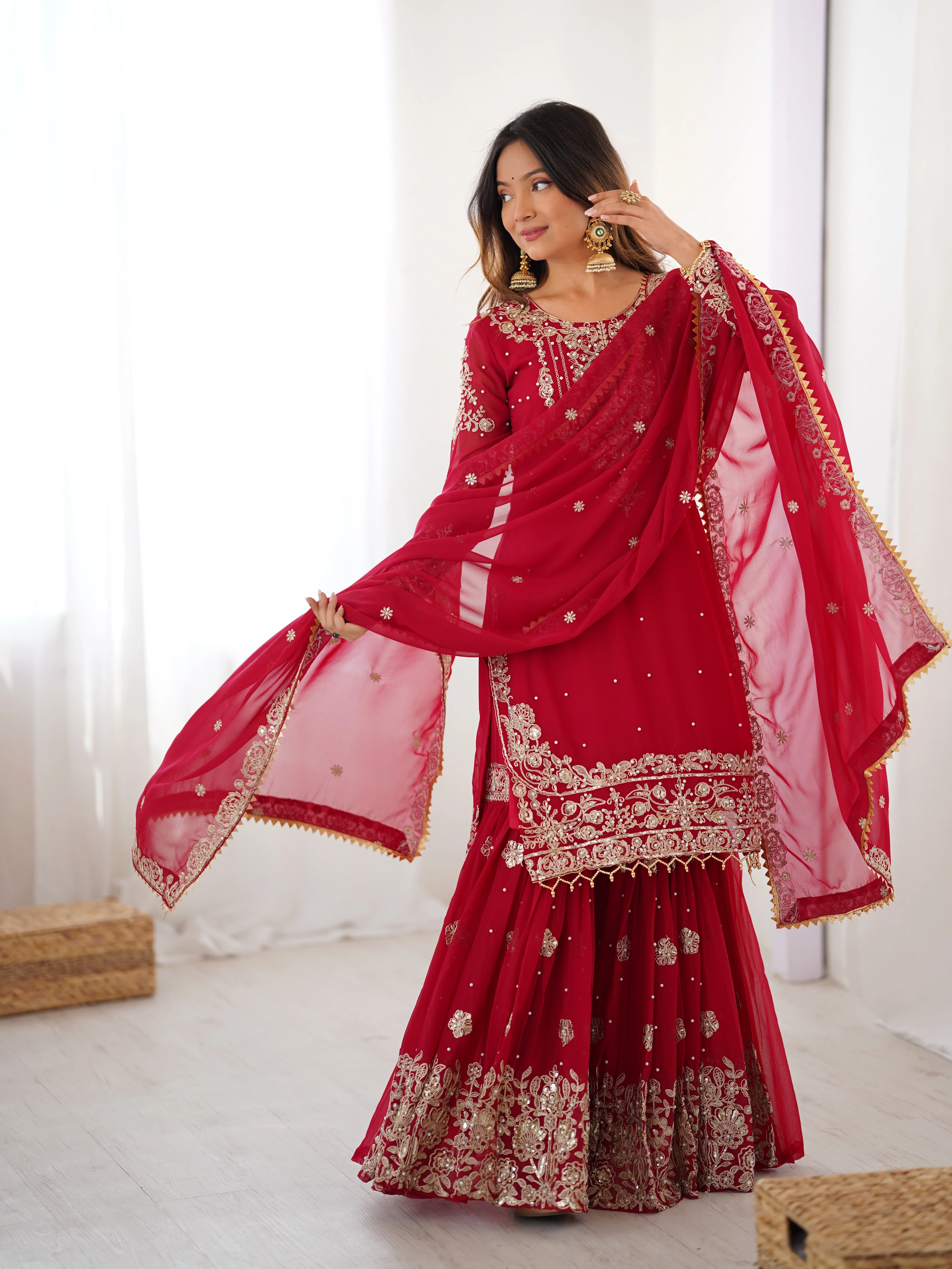 Modern Red Faux Georgette Sharara with Peal Detailing Work - Image 4