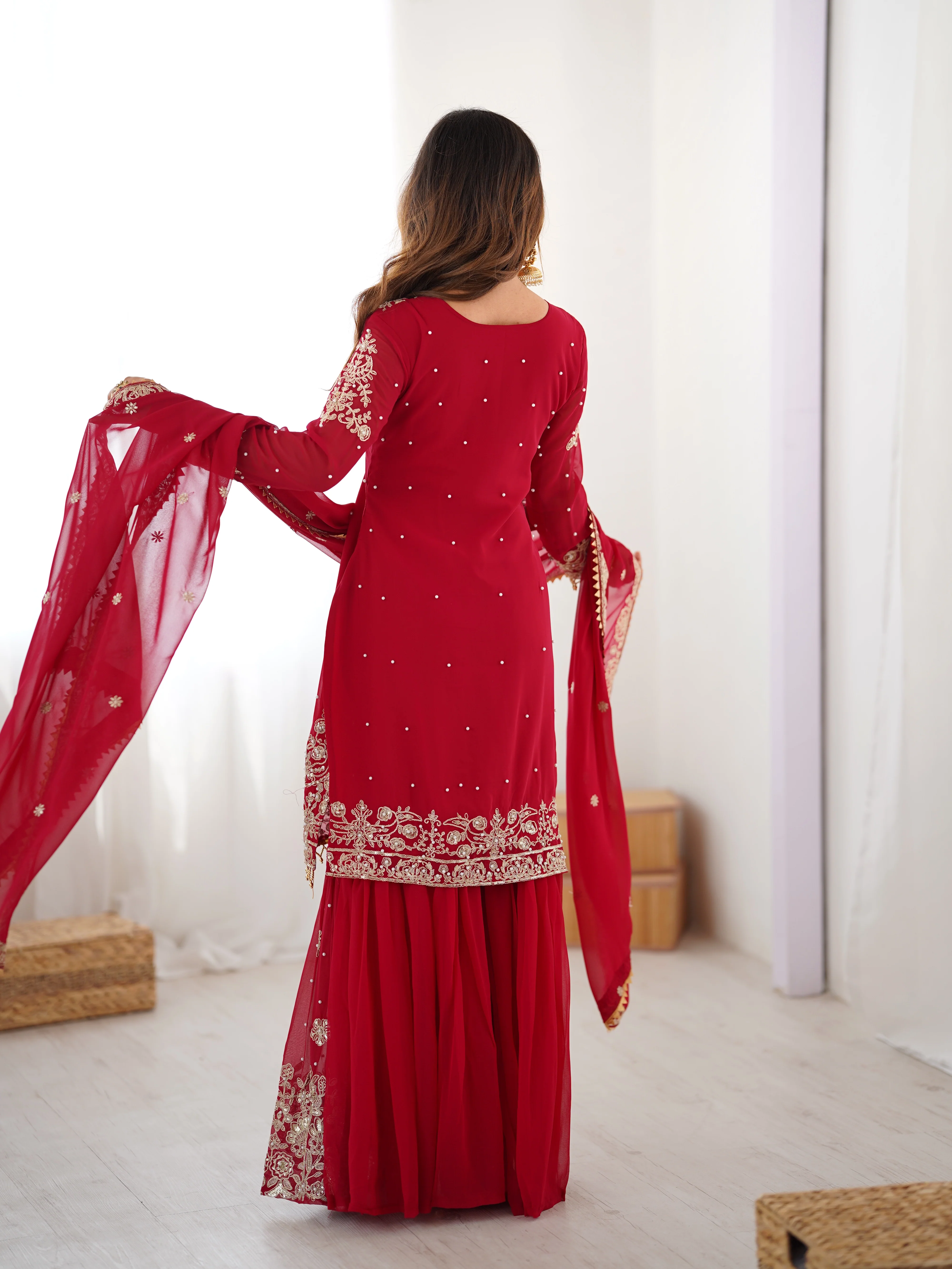Modern Red Faux Georgette Sharara with Peal Detailing Work - Image 5