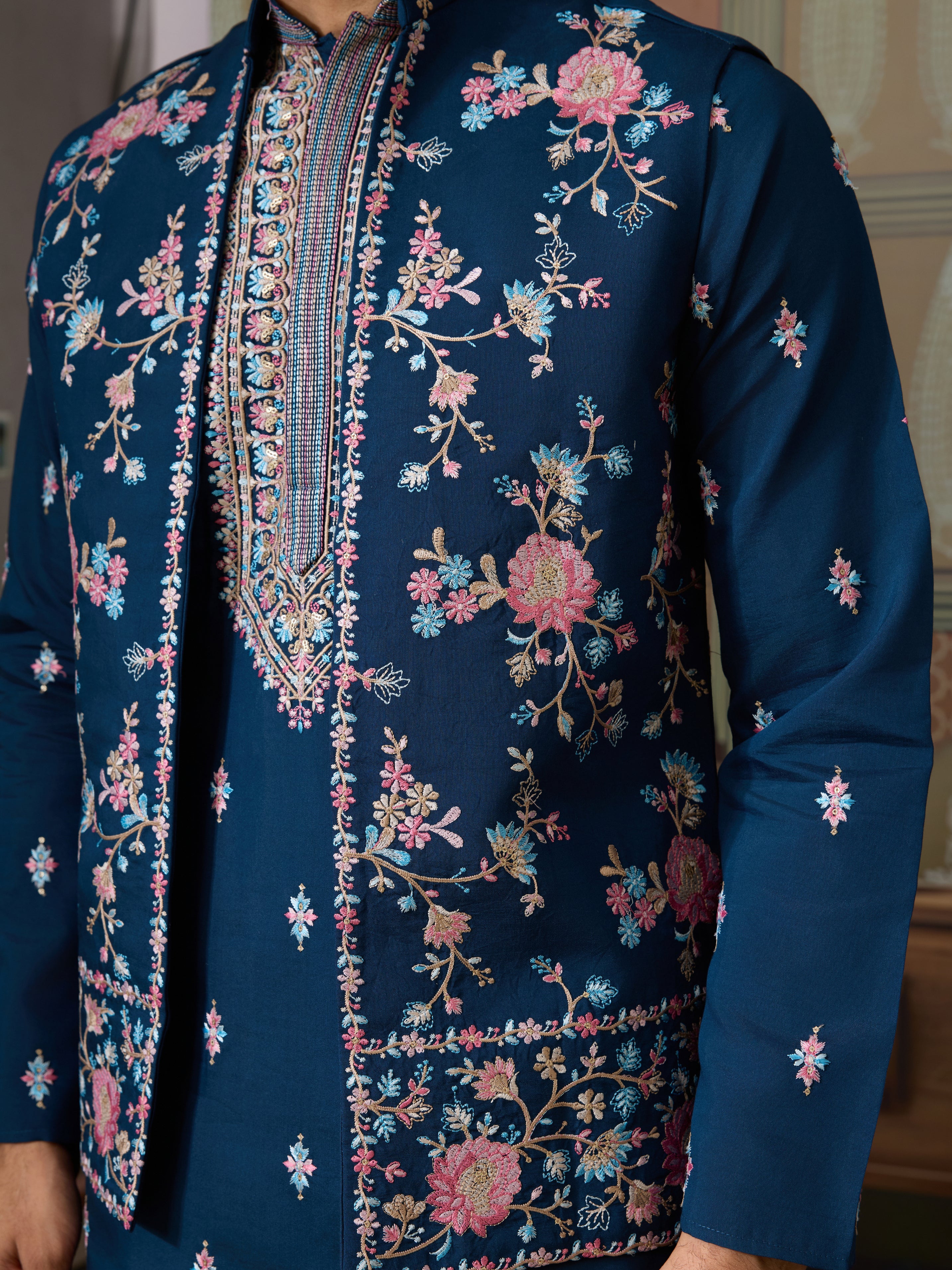 Modern Teal Blue Open Koti Kurta Set for Men - Image 3