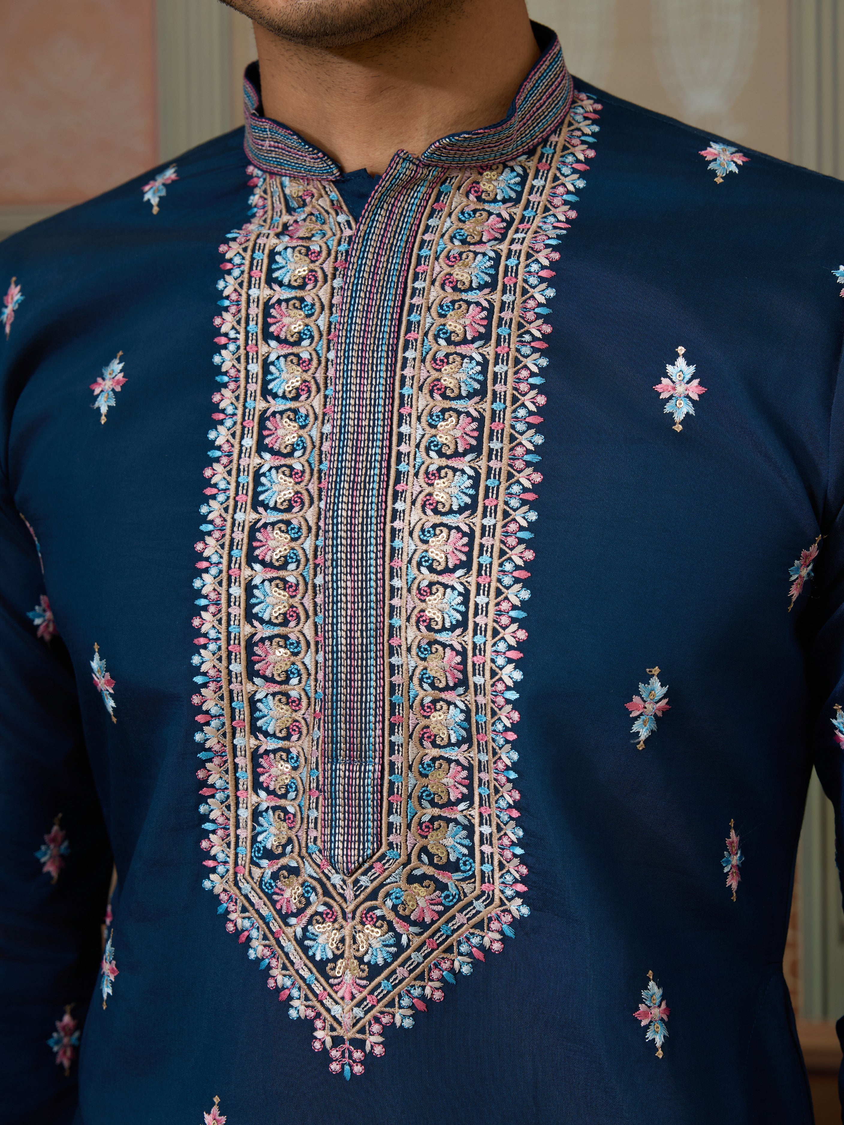 Modern Teal Blue Open Koti Kurta Set for Men - Image 4