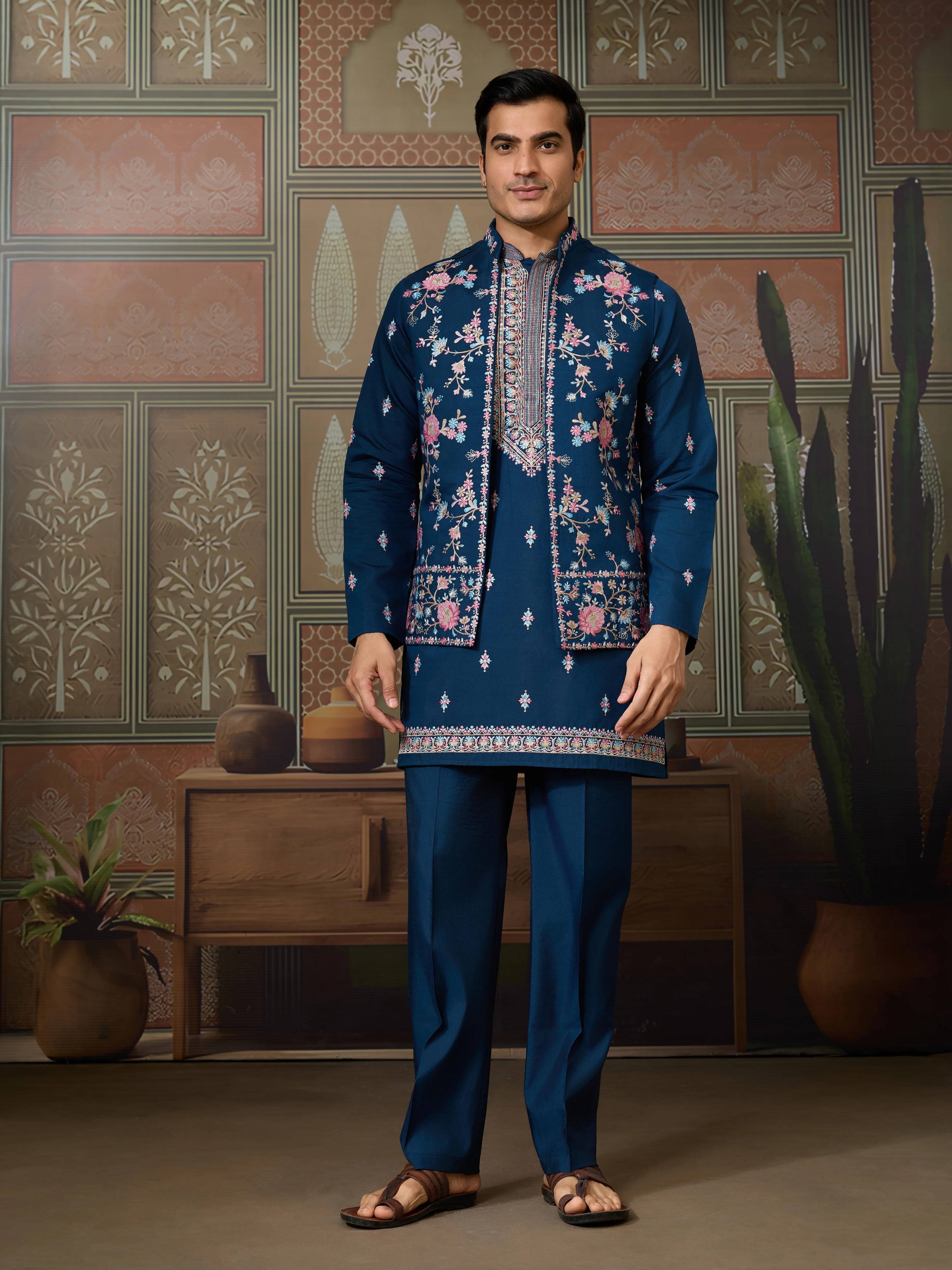 Modern Teal Blue Open Koti Kurta Set for Men - Image 5