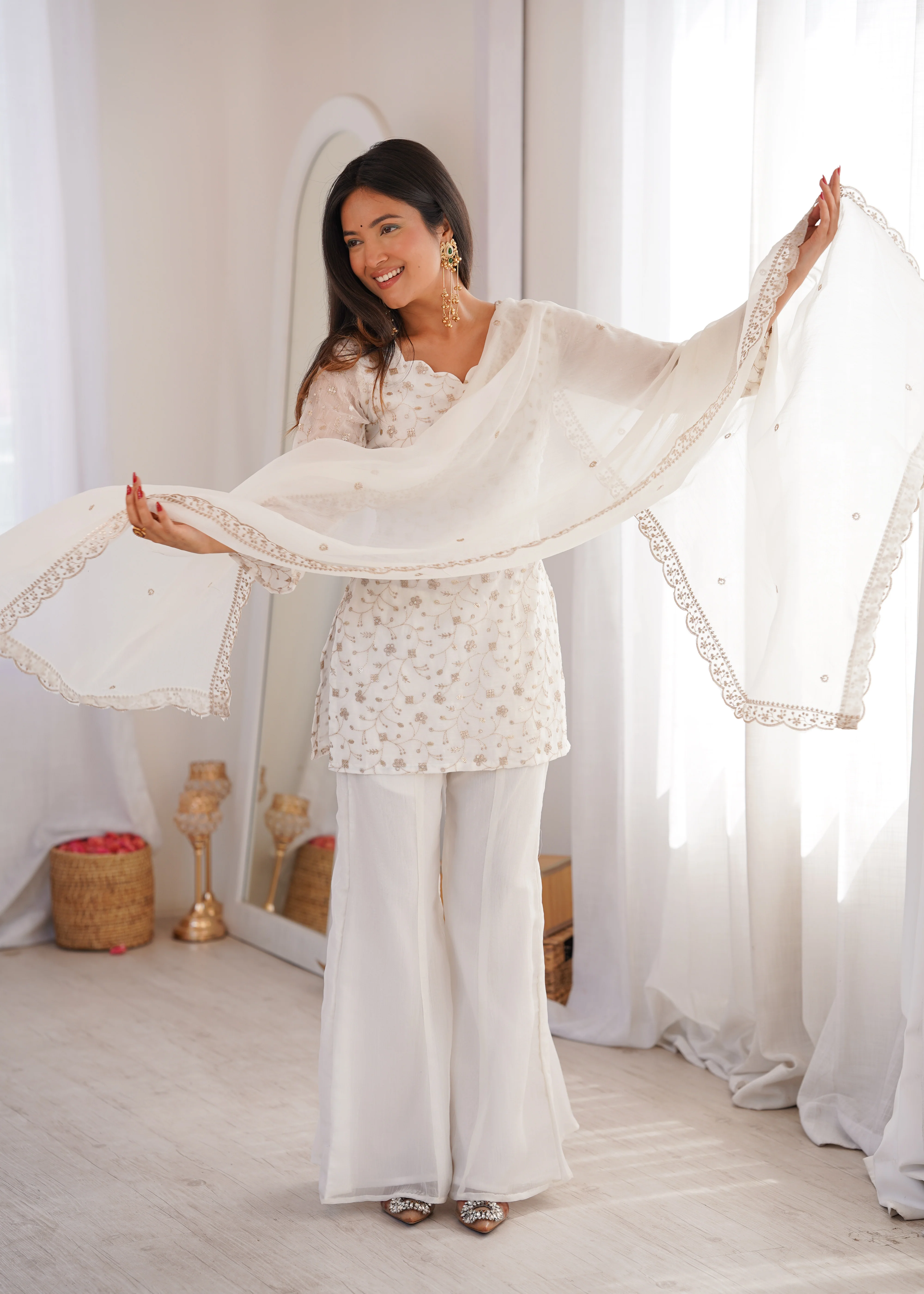 Modern White Crunchy Silk Sequence Work Kurta Bell Bottom Suit Set - Image 5