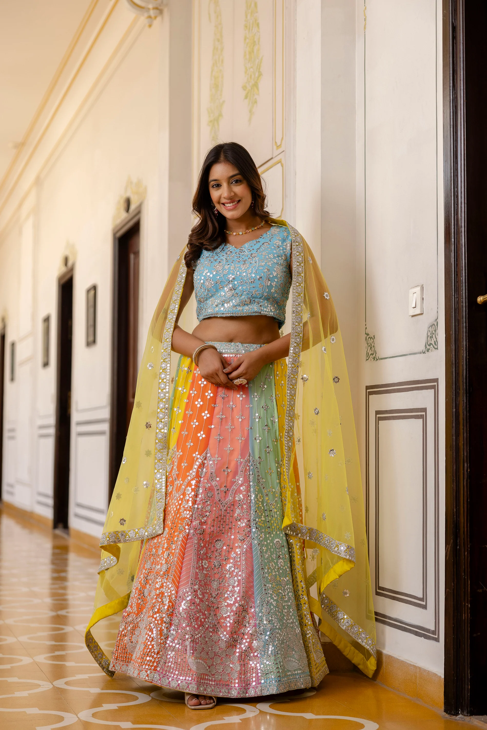 Multi Color Faux Georgette Embroidered Lehenga Set for Special Occasions