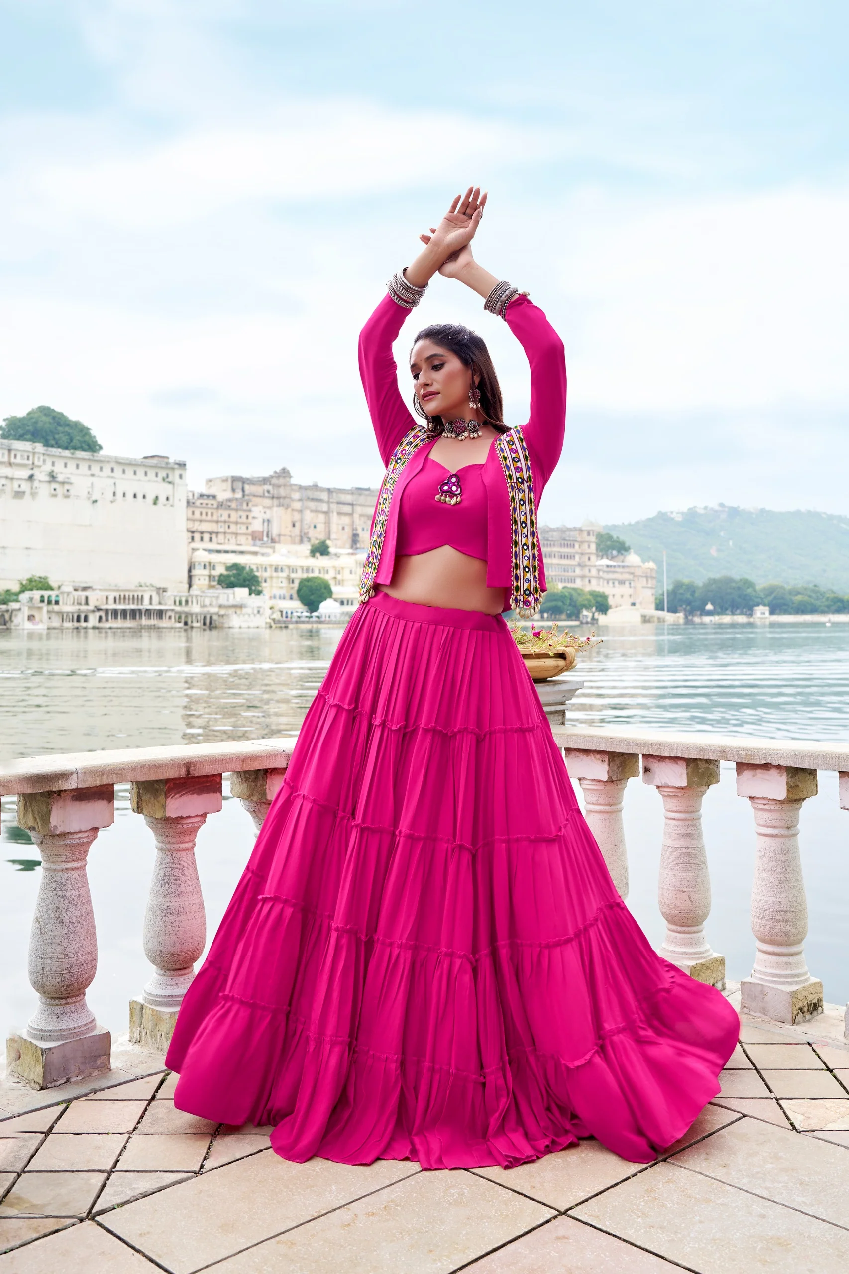 Navratri Special Gamthi Work Mirror Lehenga Set with Designer Koti