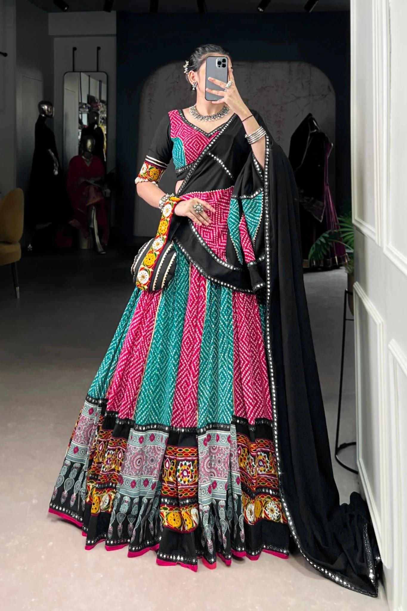 Navratri Special Pure Rayon Lehenga Choli With Ajrakh Print, Gamthi & Gota Patti Work - Image 3