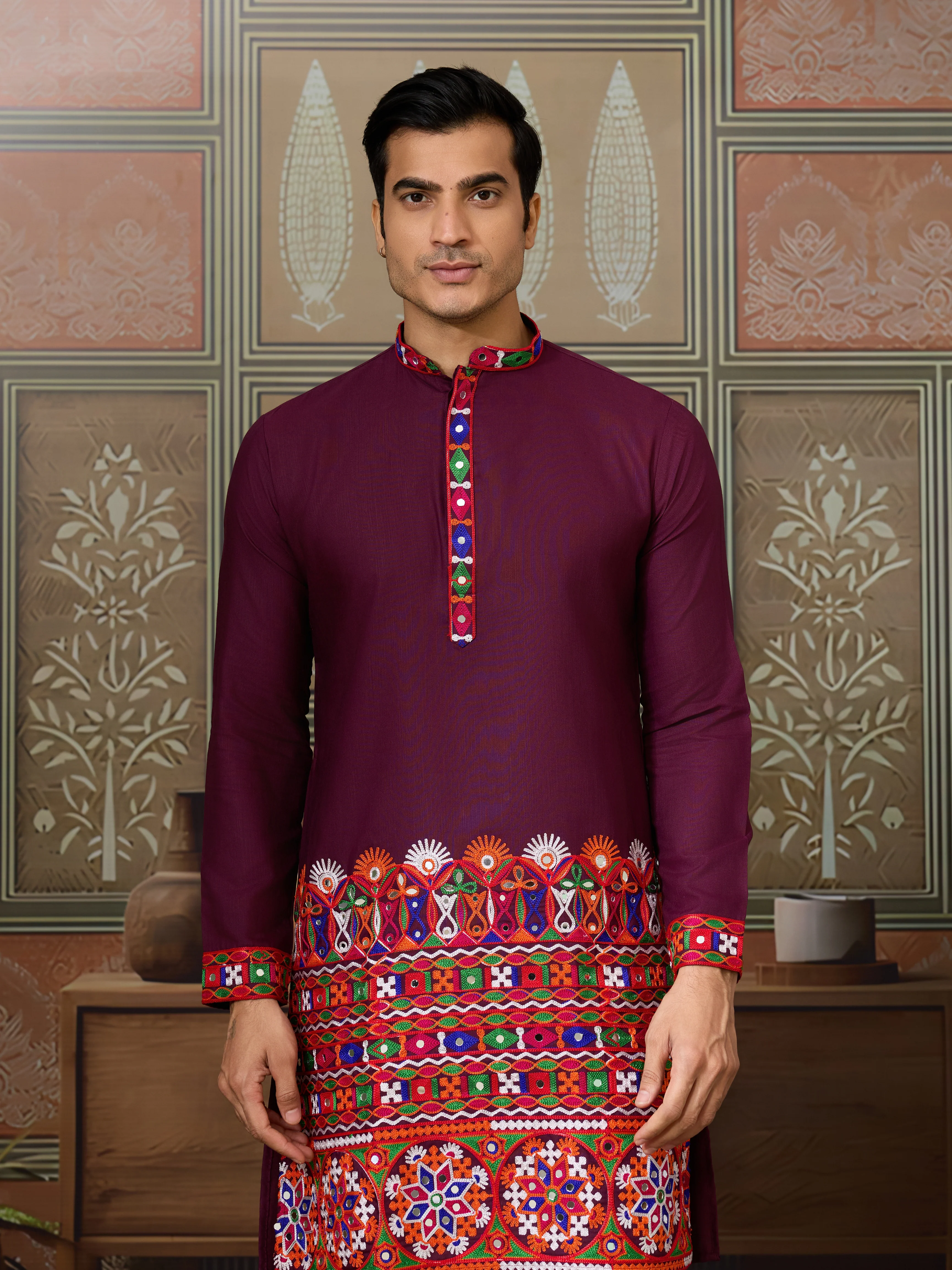 Navratri Wine Cotton Kurta for Mens with Pajama - Image 2