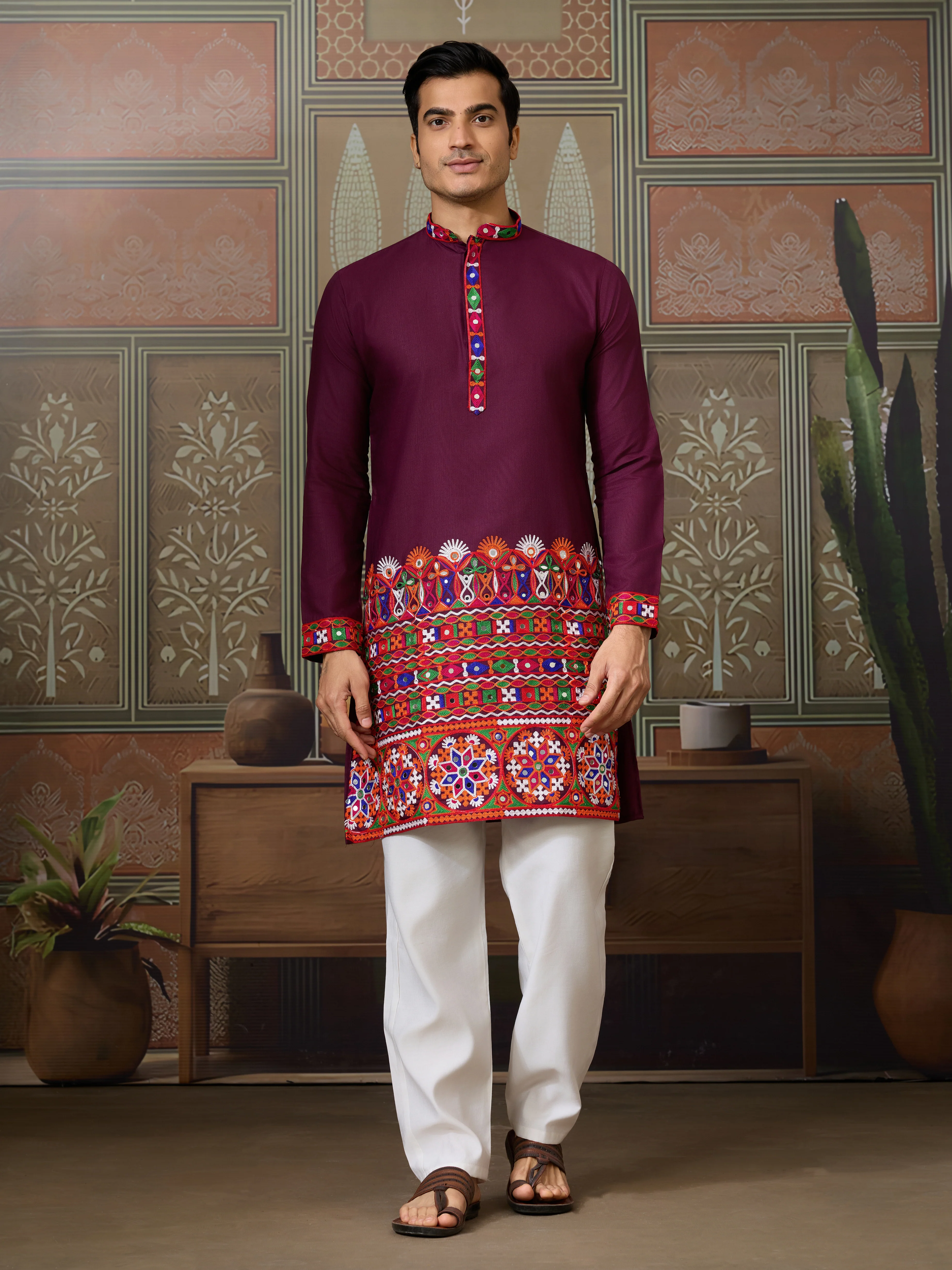 Navratri Wine Cotton Kurta for Mens with Pajama - Image 4