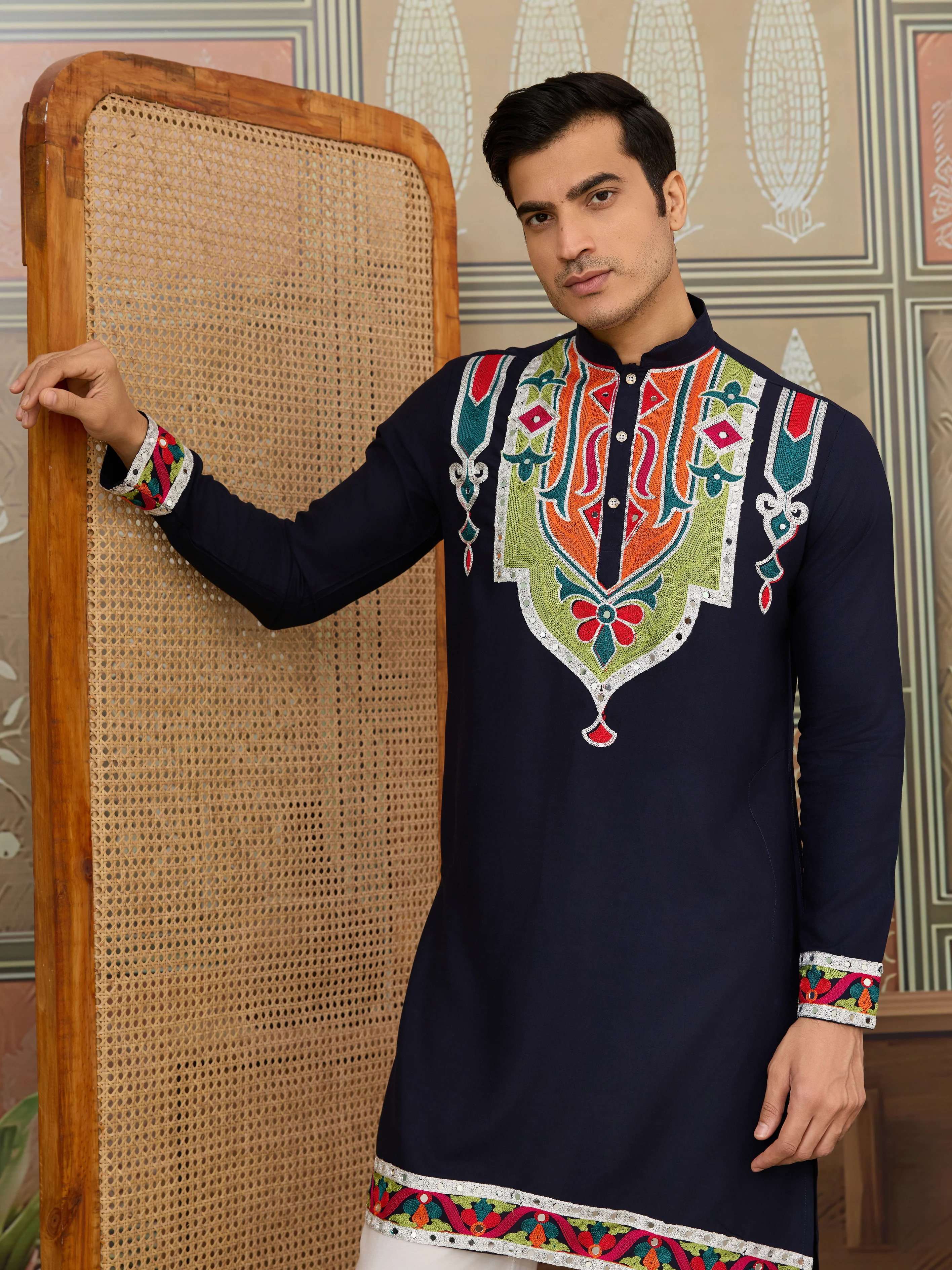 Navy Blue Embroidered Festival Wear Kurta for Men - Image 2