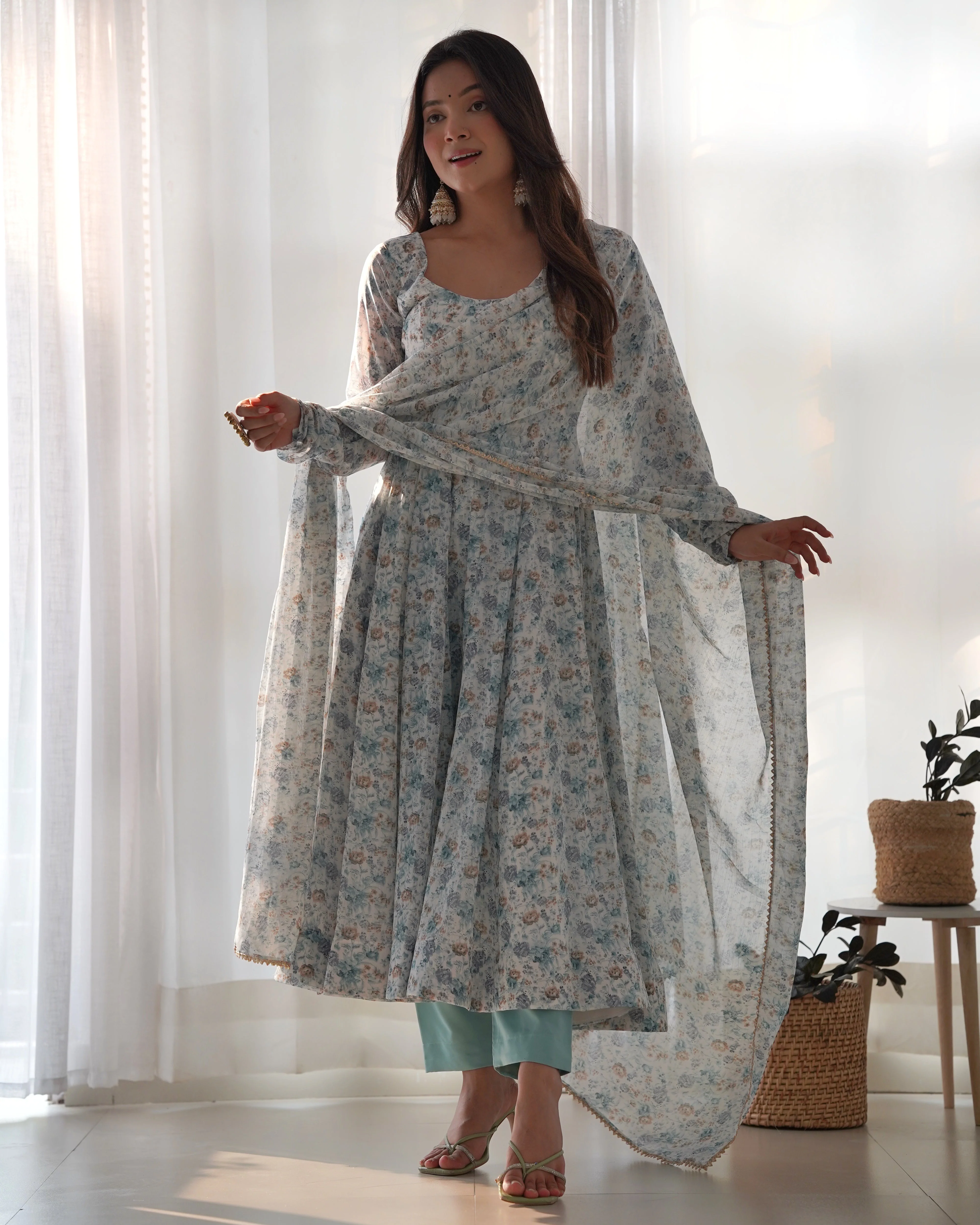 New Digitally Printed Pure Soft Organza Anarkali Suit With Huge Flair Comes With Duppatta & Pant - Image 10