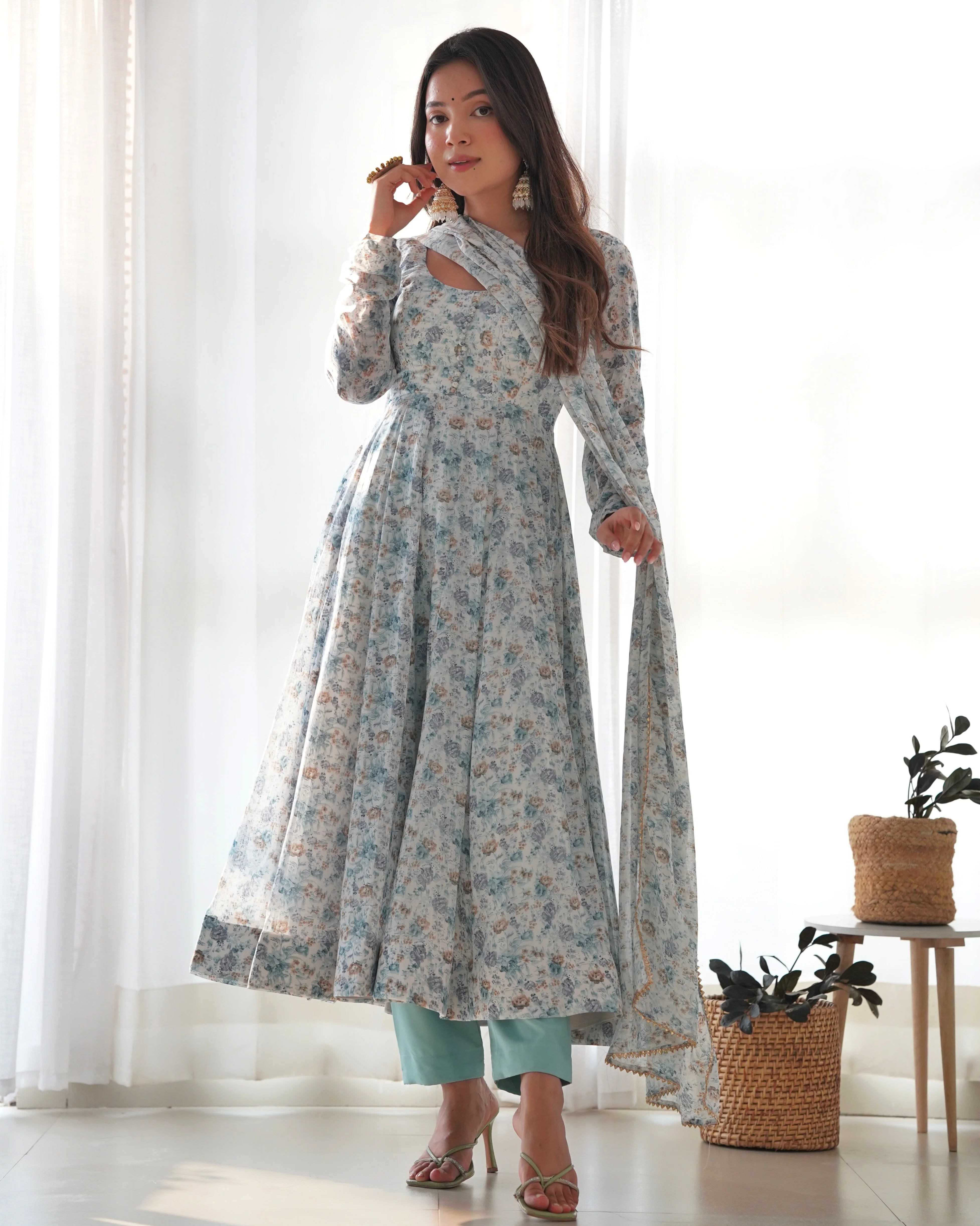 New Digitally Printed Pure Soft Organza Anarkali Suit With Huge Flair Comes With Duppatta & Pant - Image 3