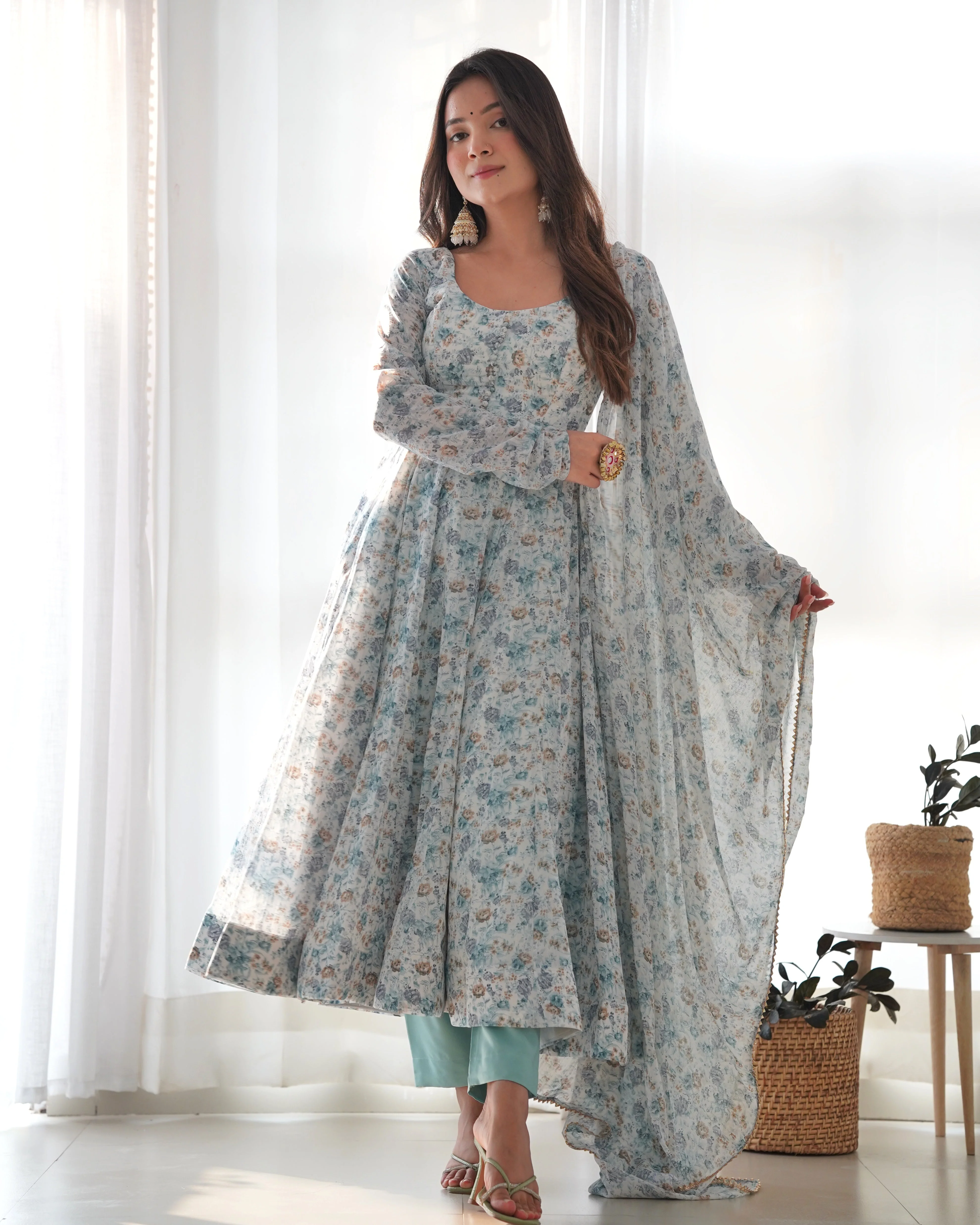 New Digitally Printed Pure Soft Organza Anarkali Suit With Huge Flair Comes With Duppatta & Pant - Image 4