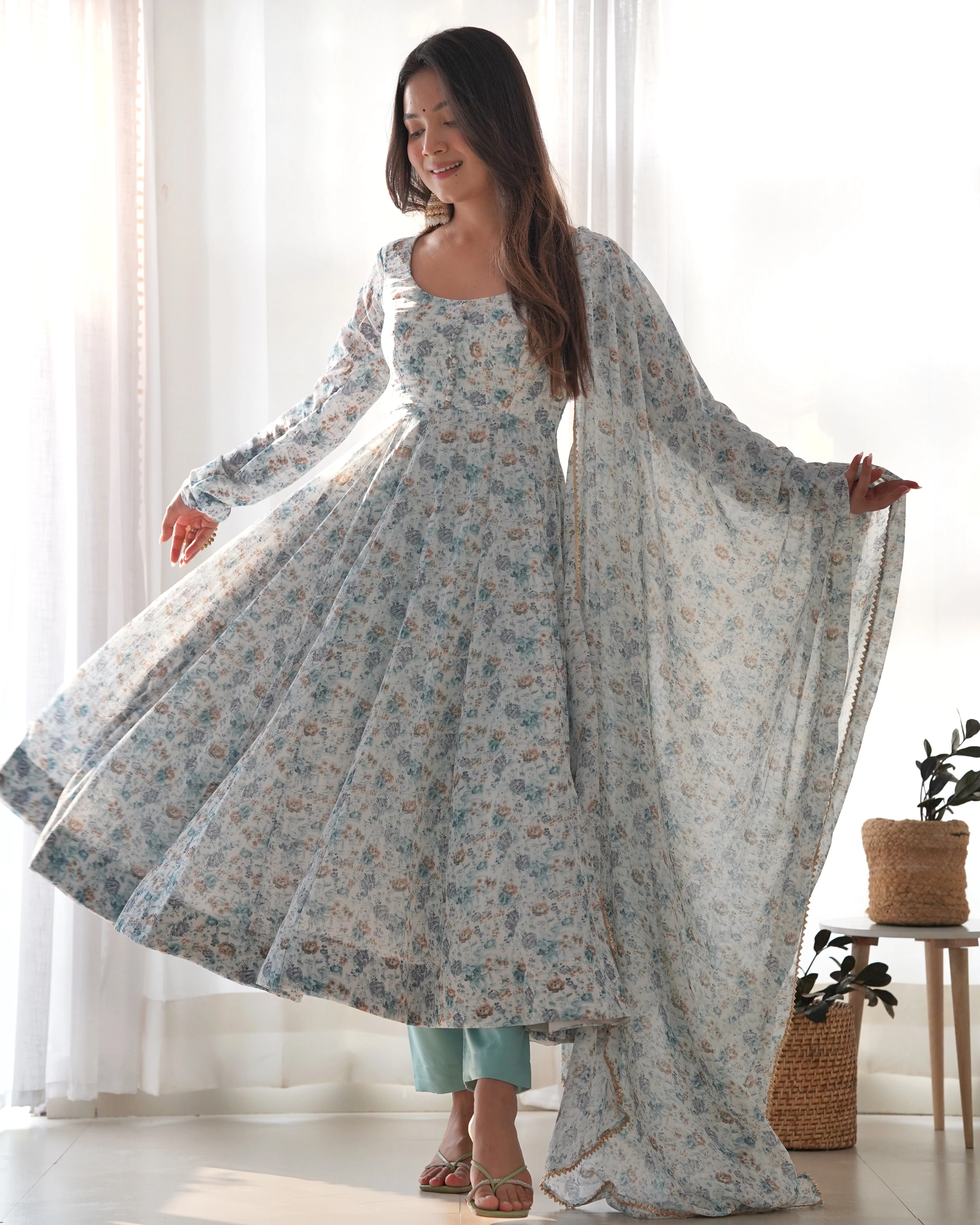 New Digitally Printed Pure Soft Organza Anarkali Suit With Huge Flair Comes With Duppatta & Pant - Image 5