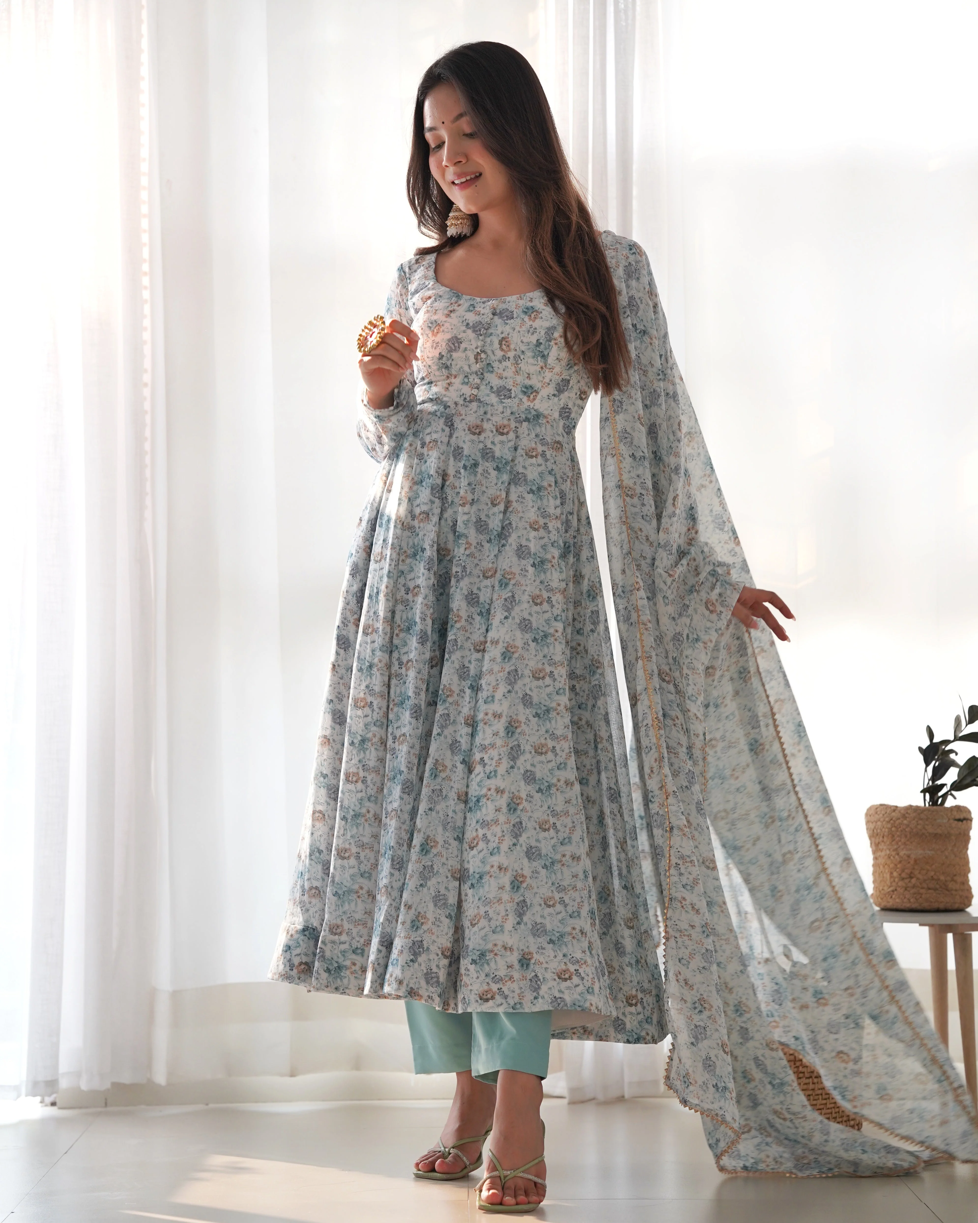 New Digitally Printed Pure Soft Organza Anarkali Suit With Huge Flair Comes With Duppatta & Pant - Image 6