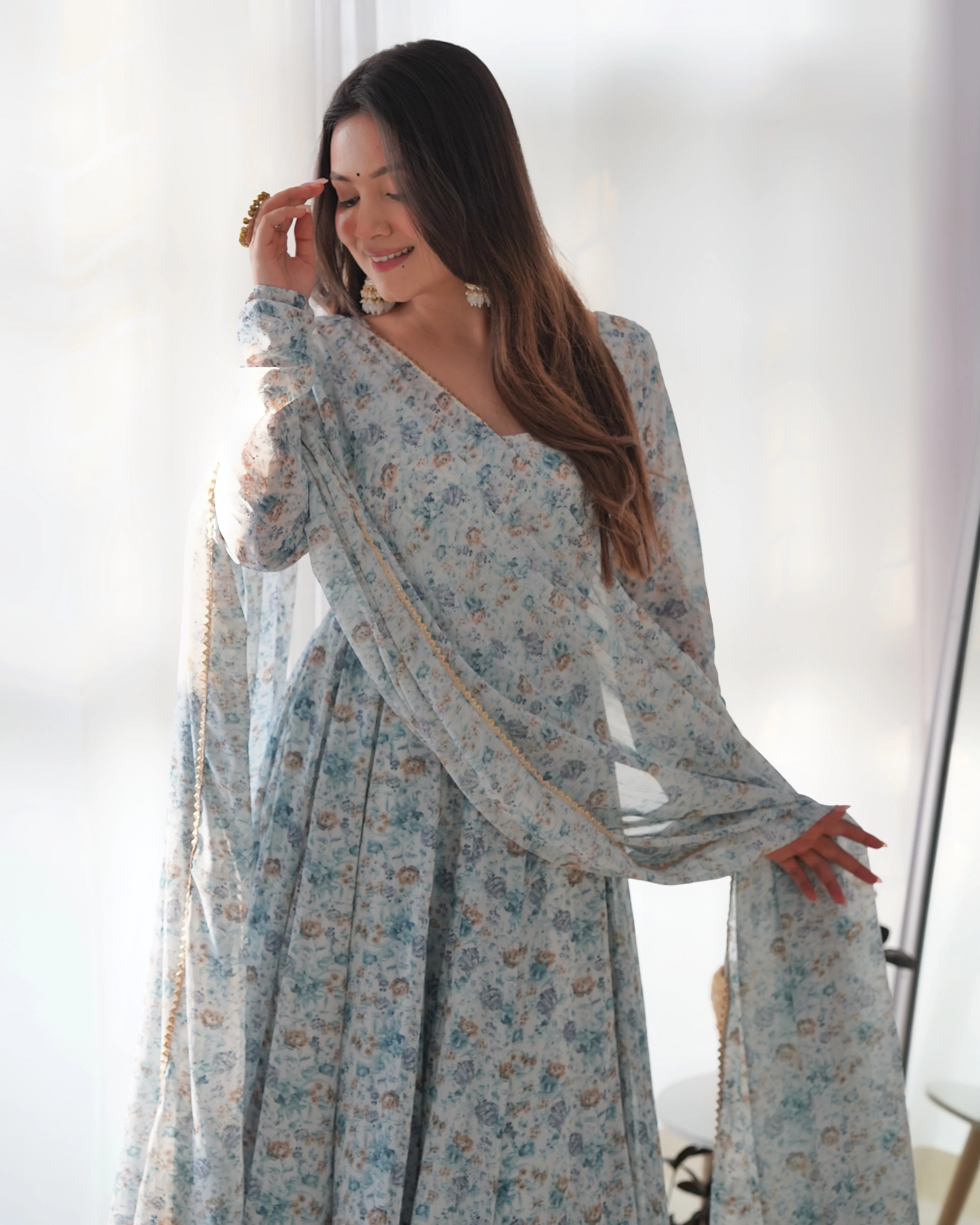 New Digitally Printed Pure Soft Organza Anarkali Suit With Huge Flair Comes With Duppatta & Pant - Image 7