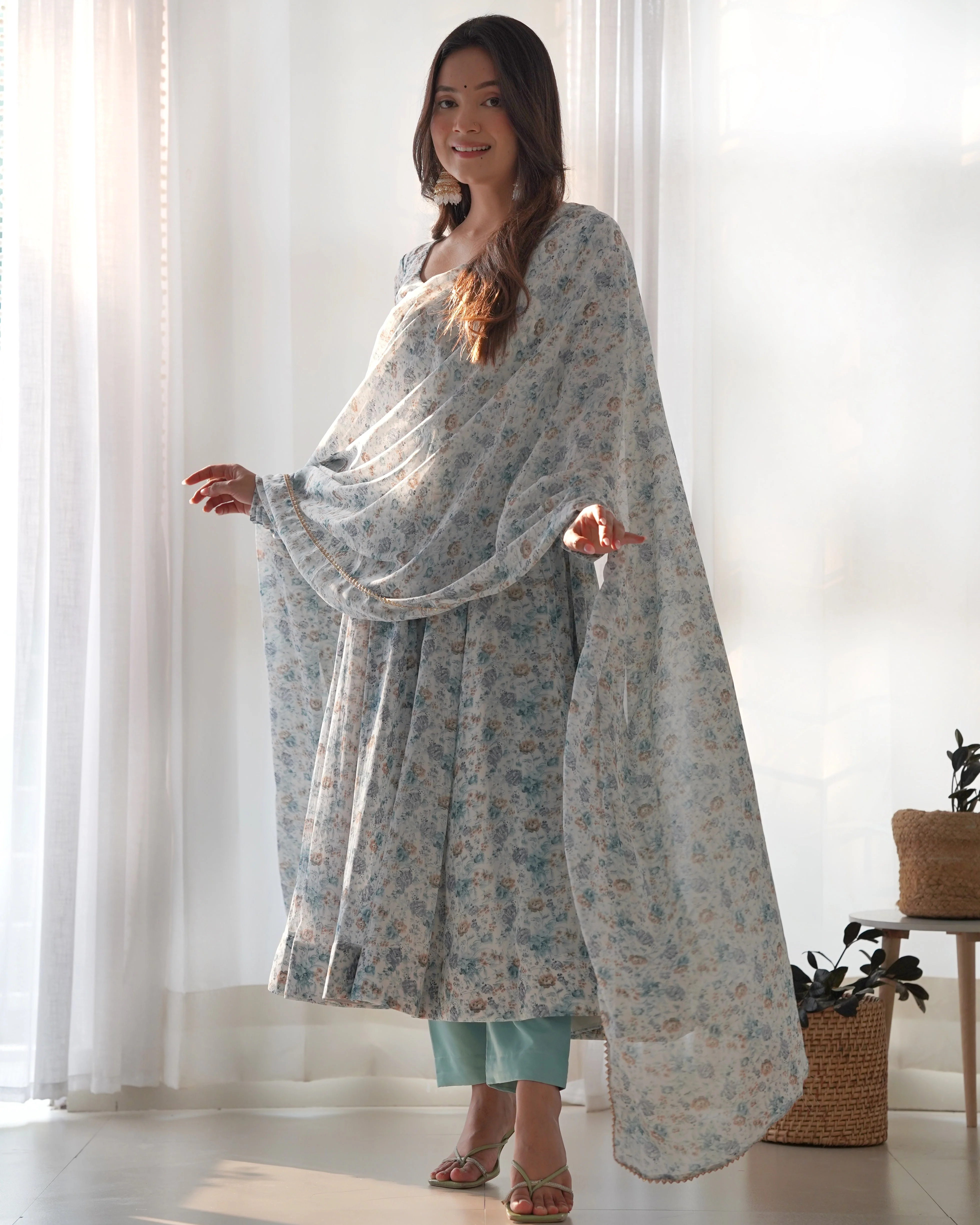 New Digitally Printed Pure Soft Organza Anarkali Suit With Huge Flair Comes With Duppatta & Pant - Image 8