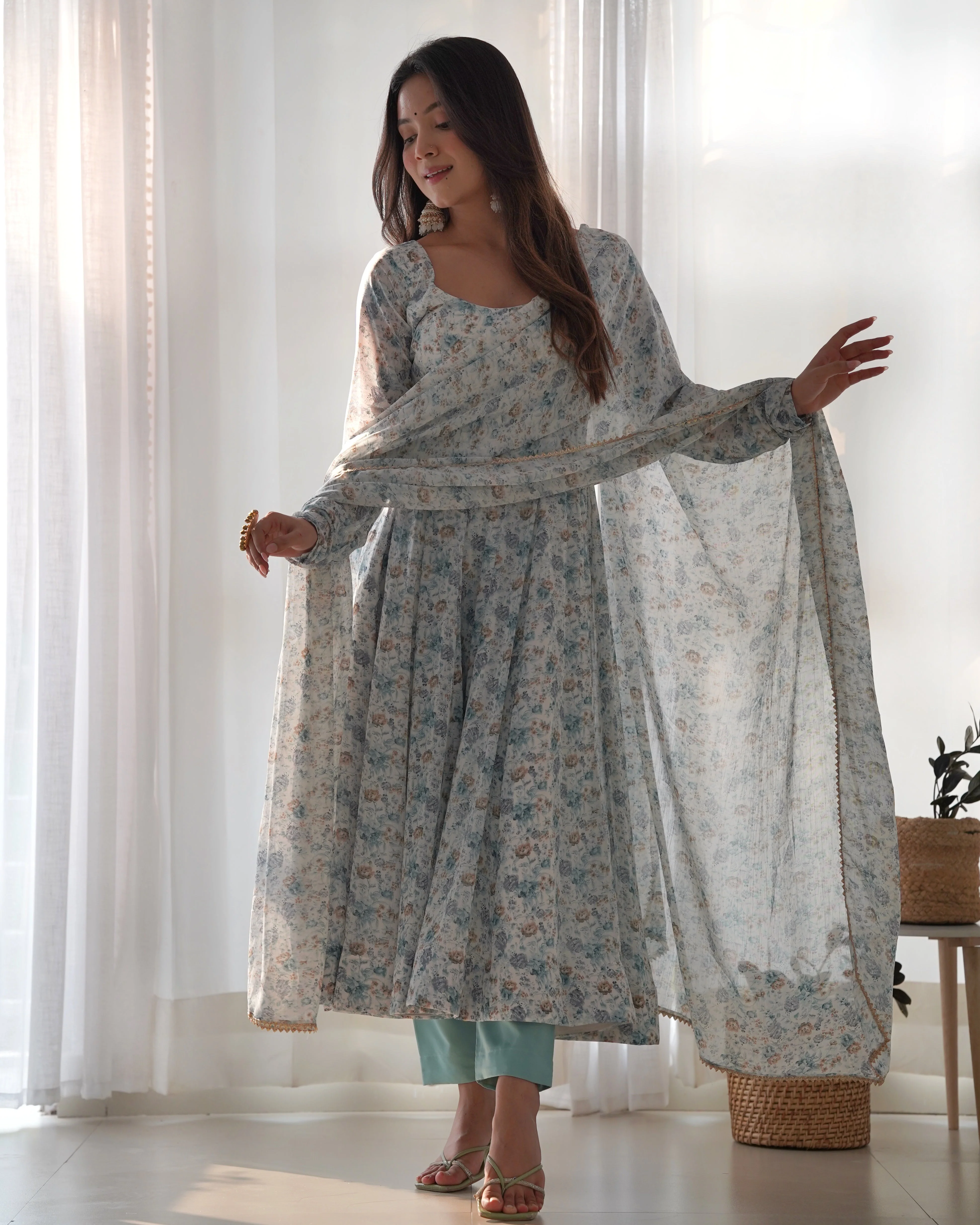 New Digitally Printed Pure Soft Organza Anarkali Suit With Huge Flair Comes With Duppatta & Pant - Image 9