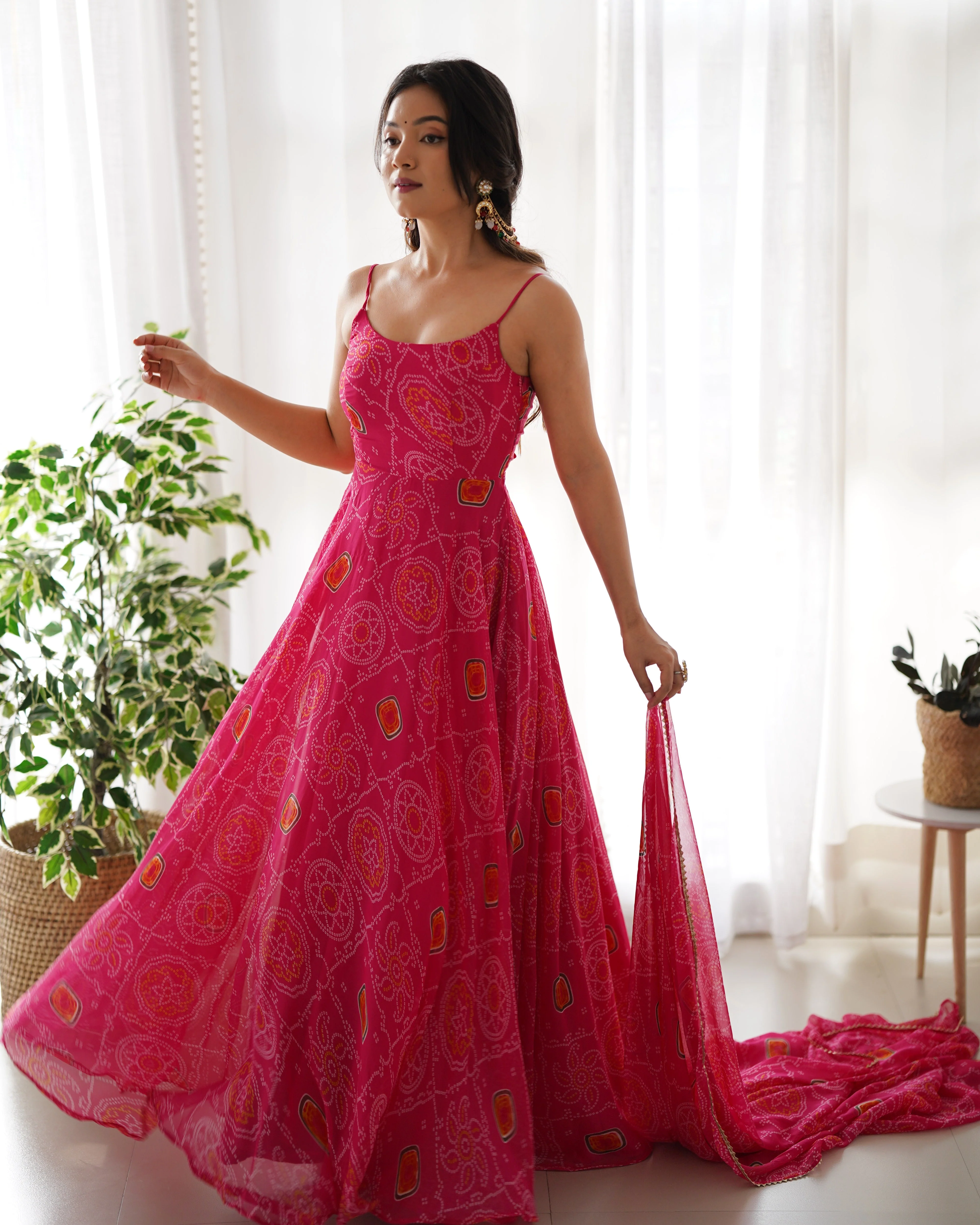 New Light Weight Bandhej Digitally Printed Pure Chiffon Gown With Huge Flair Comes With Duppatta & Pant - Image 3