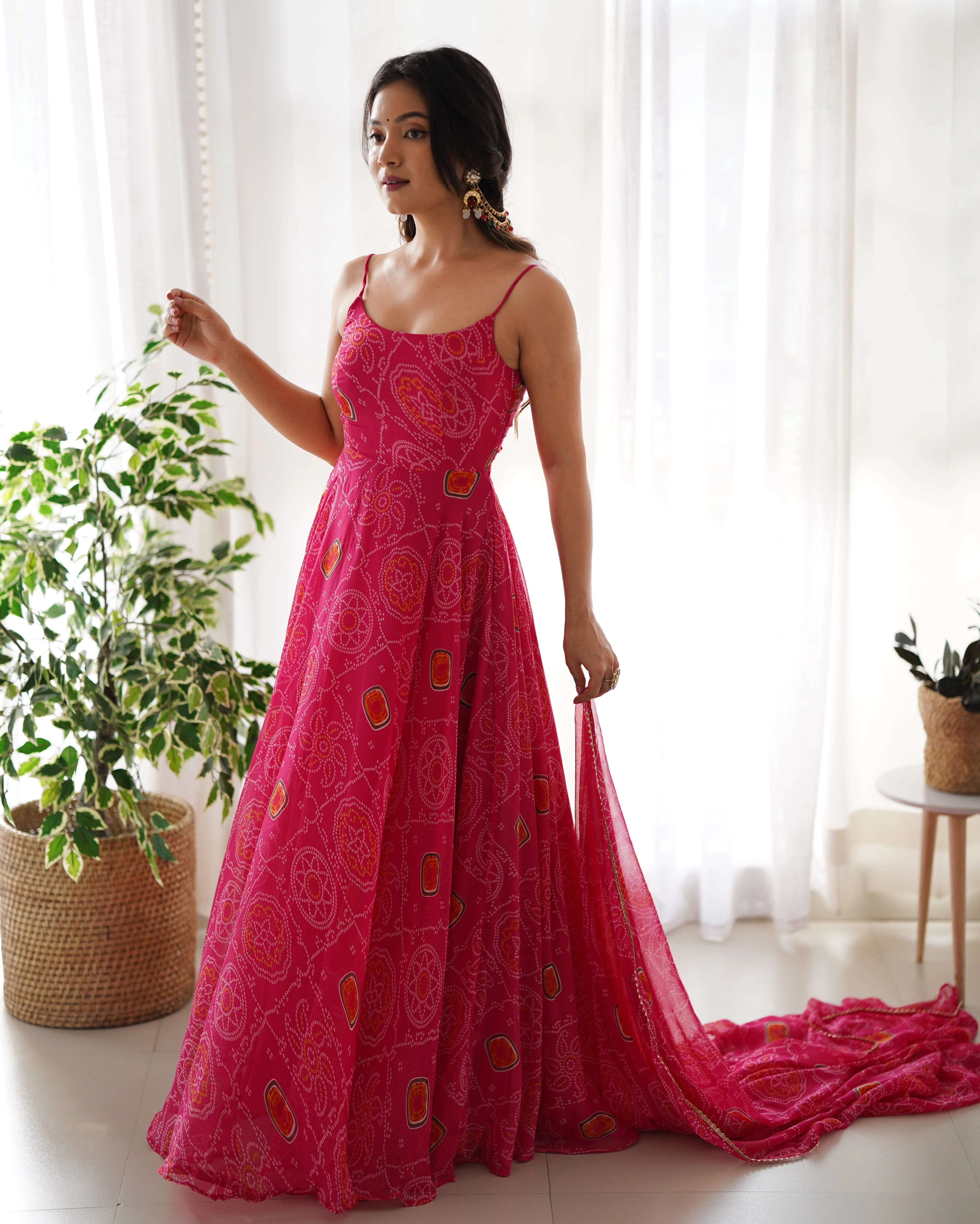 New Light Weight Bandhej Digitally Printed Pure Chiffon Gown With Huge Flair Comes With Duppatta & Pant - Image 4