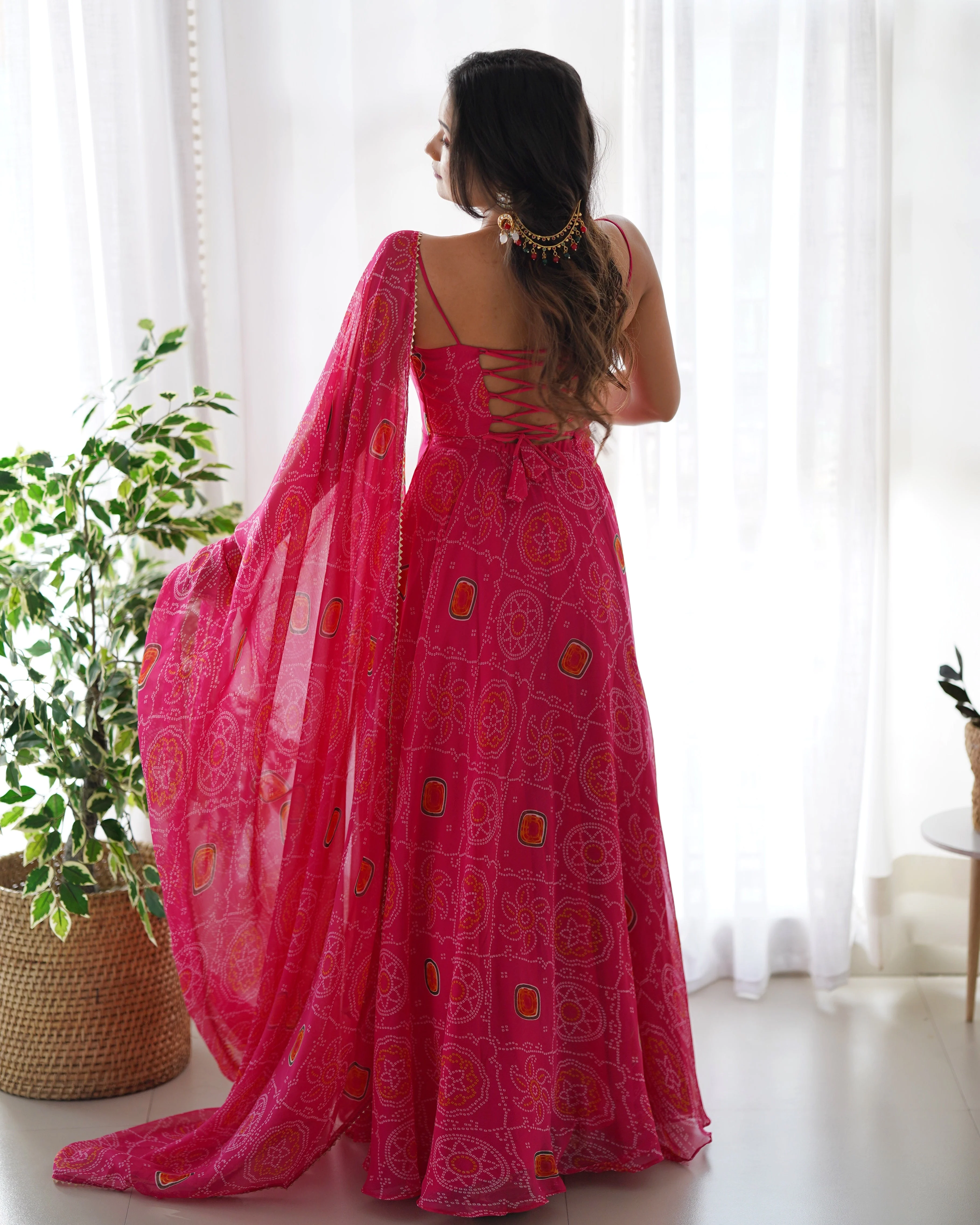 New Light Weight Bandhej Digitally Printed Pure Chiffon Gown With Huge Flair Comes With Duppatta & Pant - Image 5