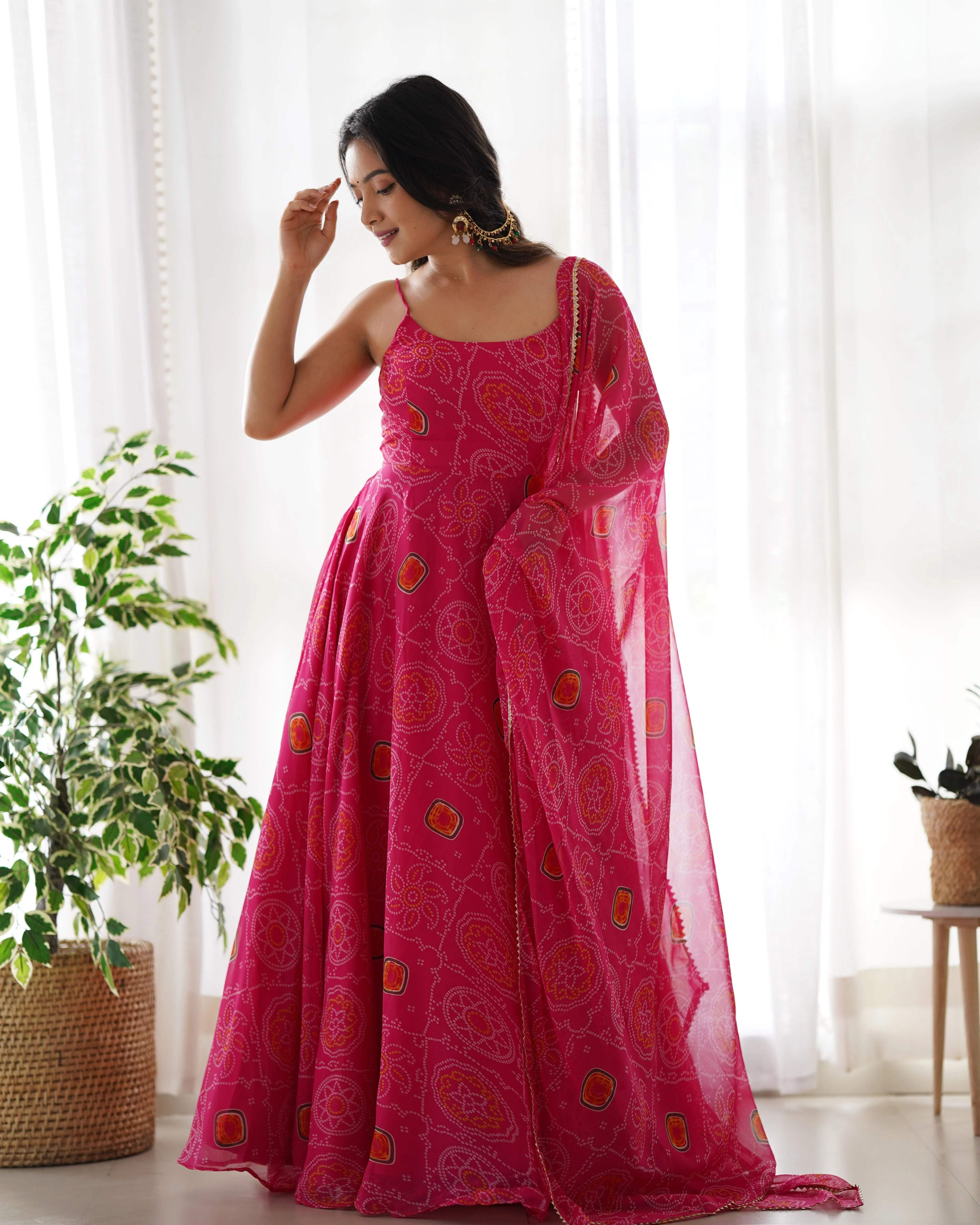 New Light Weight Bandhej Digitally Printed Pure Chiffon Gown With Huge Flair Comes With Duppatta & Pant - Image 6