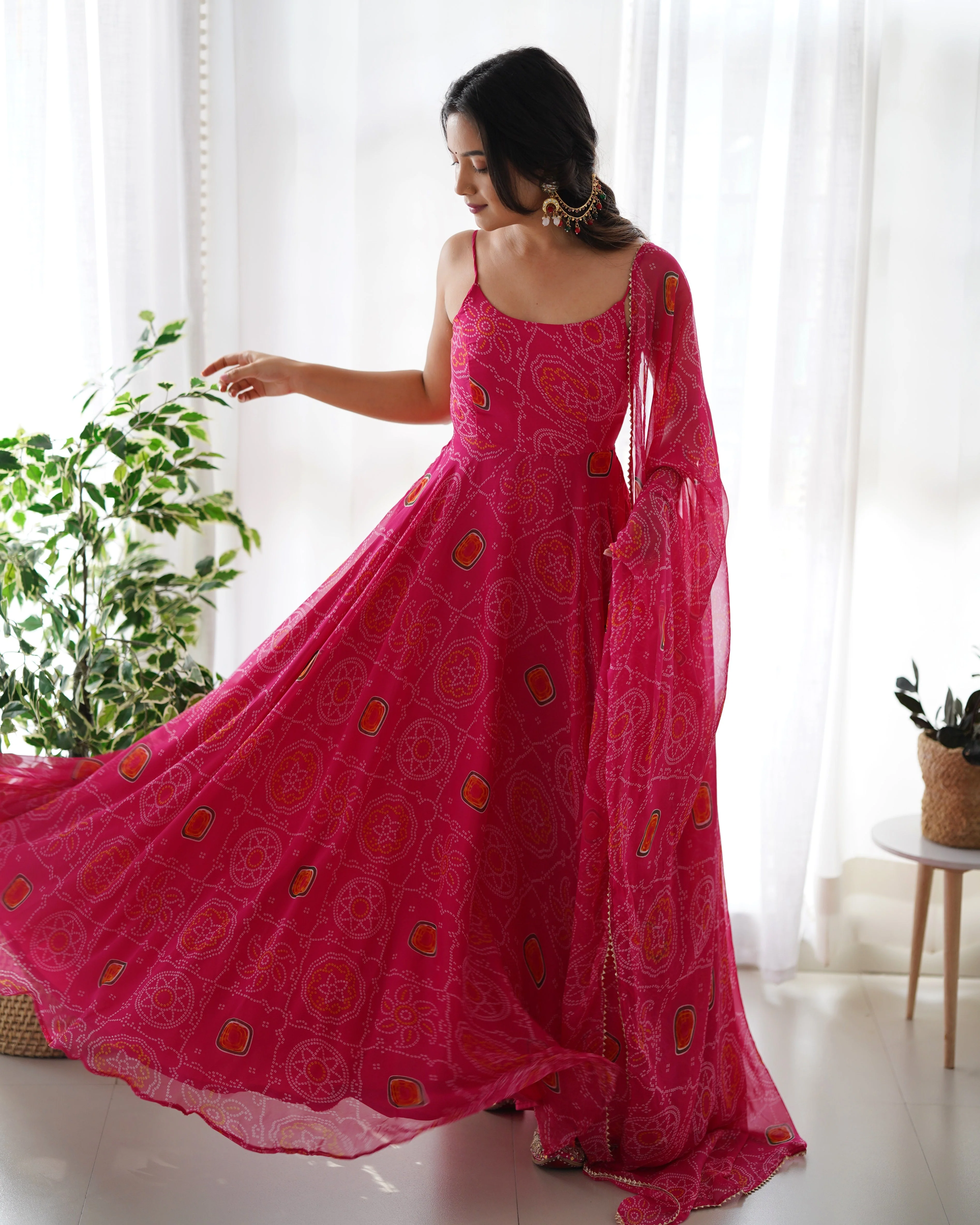 New Light Weight Bandhej Digitally Printed Pure Chiffon Gown With Huge Flair Comes With Duppatta & Pant - Image 7