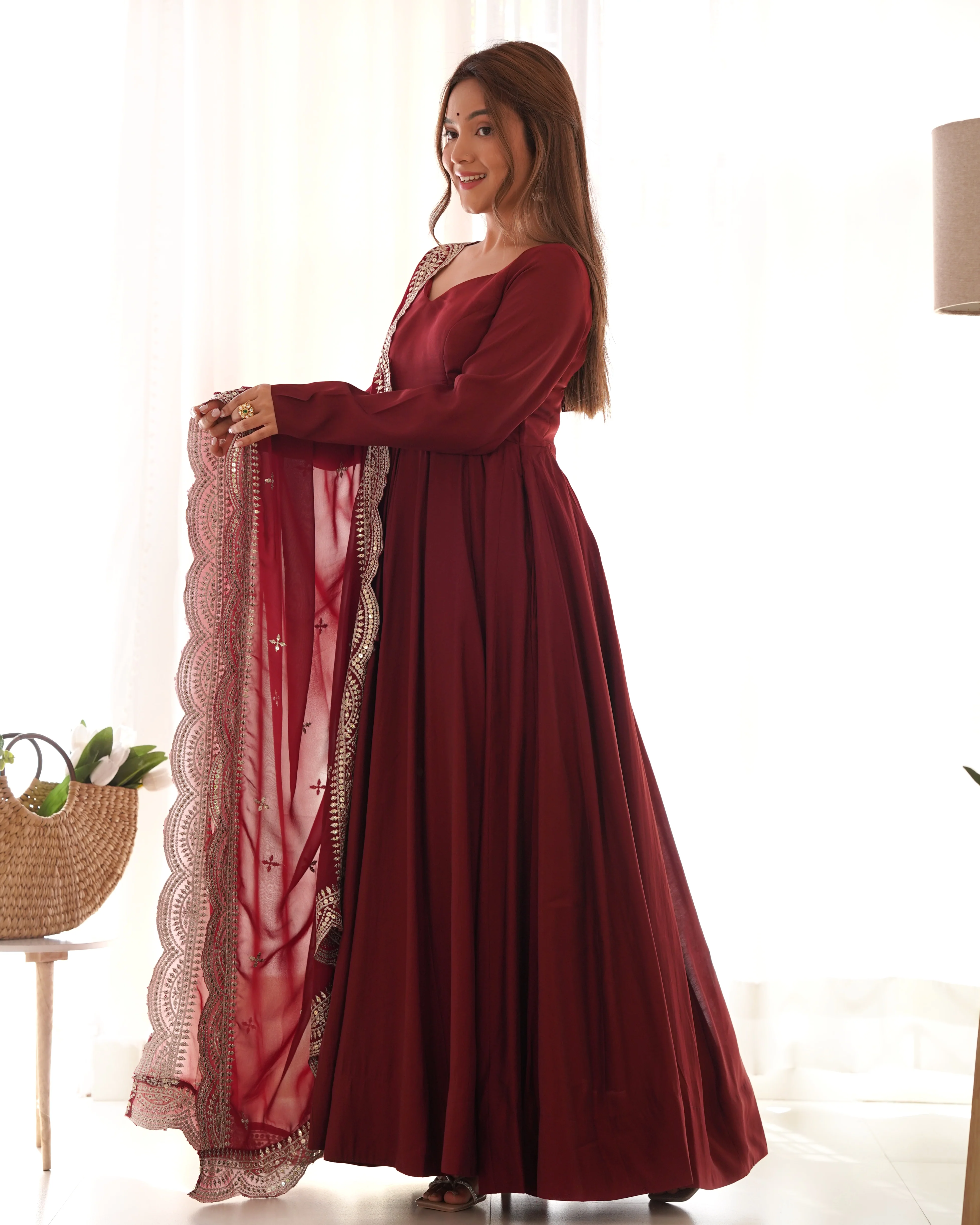 New Premium Quality Pure Romansilk Chanderi Fabric Fully Flair Anarkali With Dupatta Set, Pent Ready To Wear-Maroon - Image 7