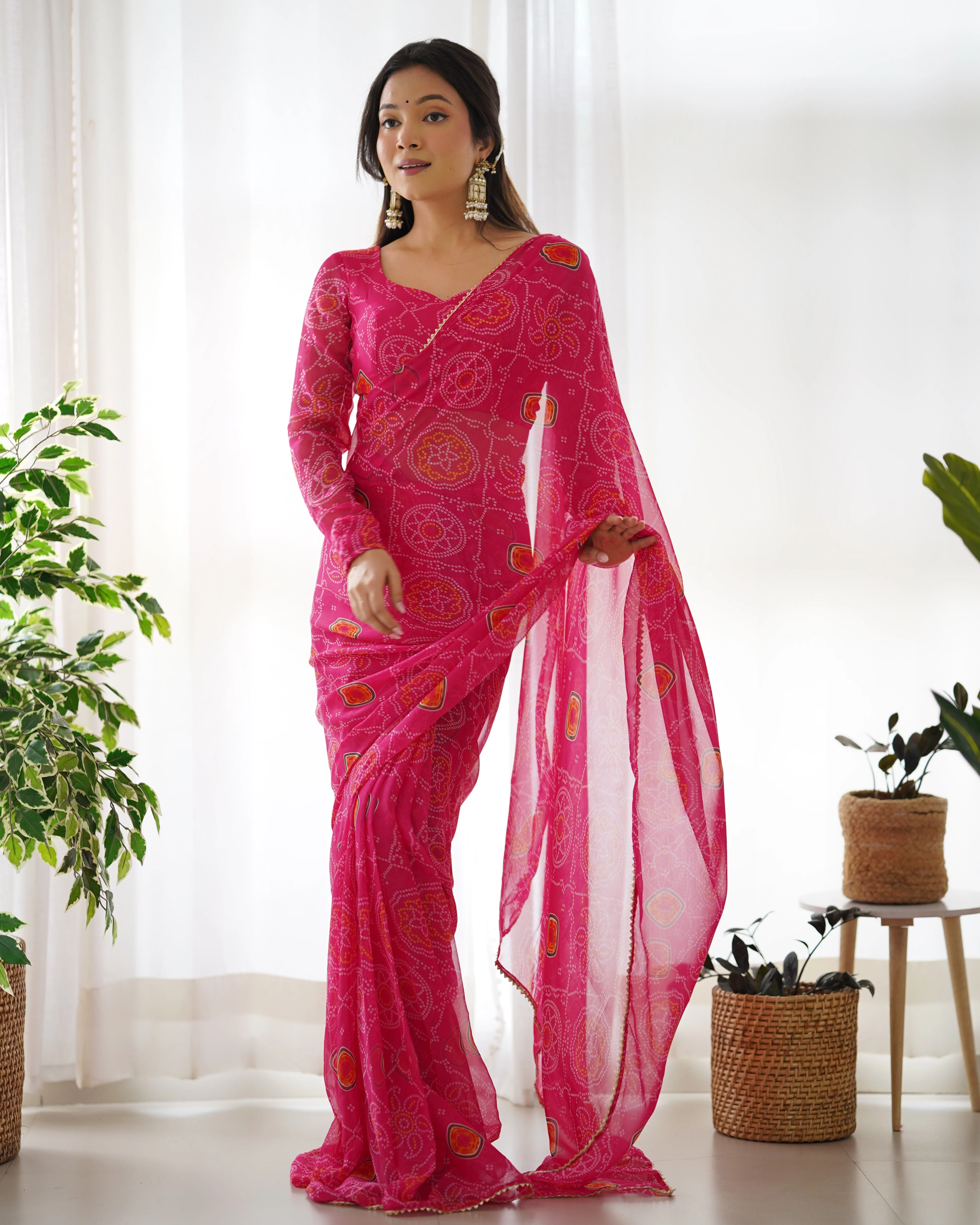 New Ready To Wear Pre Drapped Pure Soft Light Weight Chiffon Saree With Full Stitched Blouse - Image 3