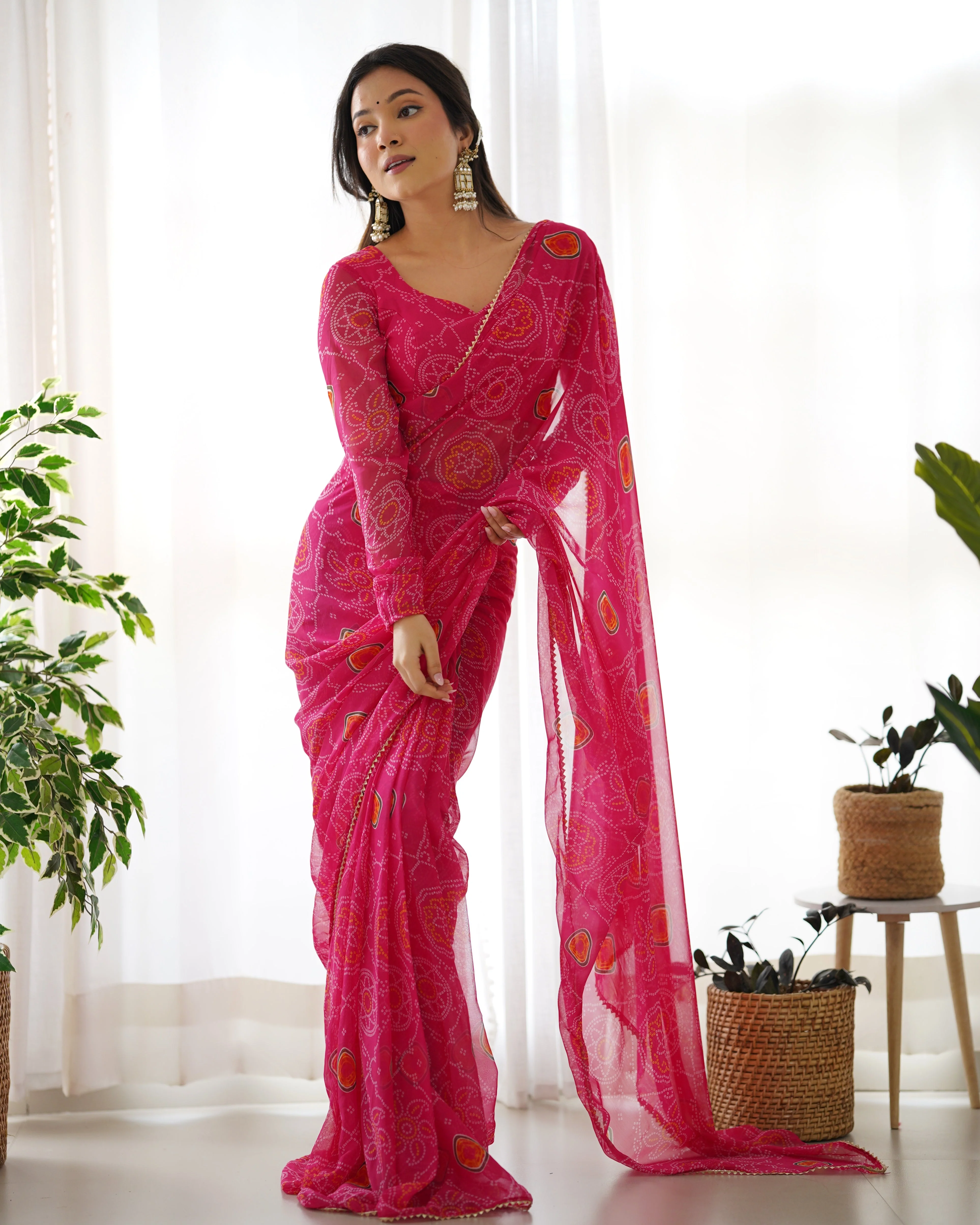 New Ready To Wear Pre Drapped Pure Soft Light Weight Chiffon Saree With Full Stitched Blouse - Image 7