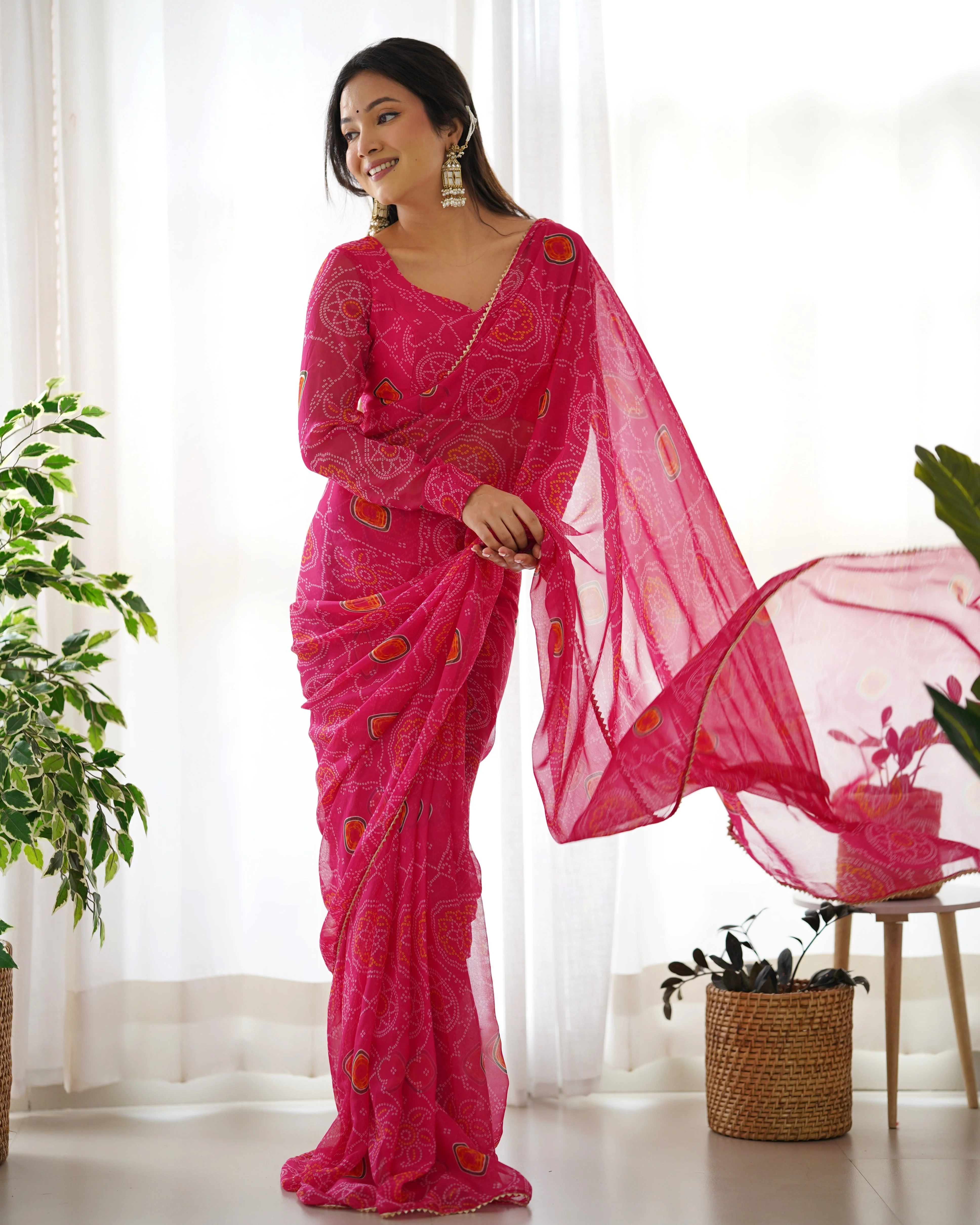 New Ready To Wear Pre Drapped Pure Soft Light Weight Chiffon Saree With Full Stitched Blouse - Image 8