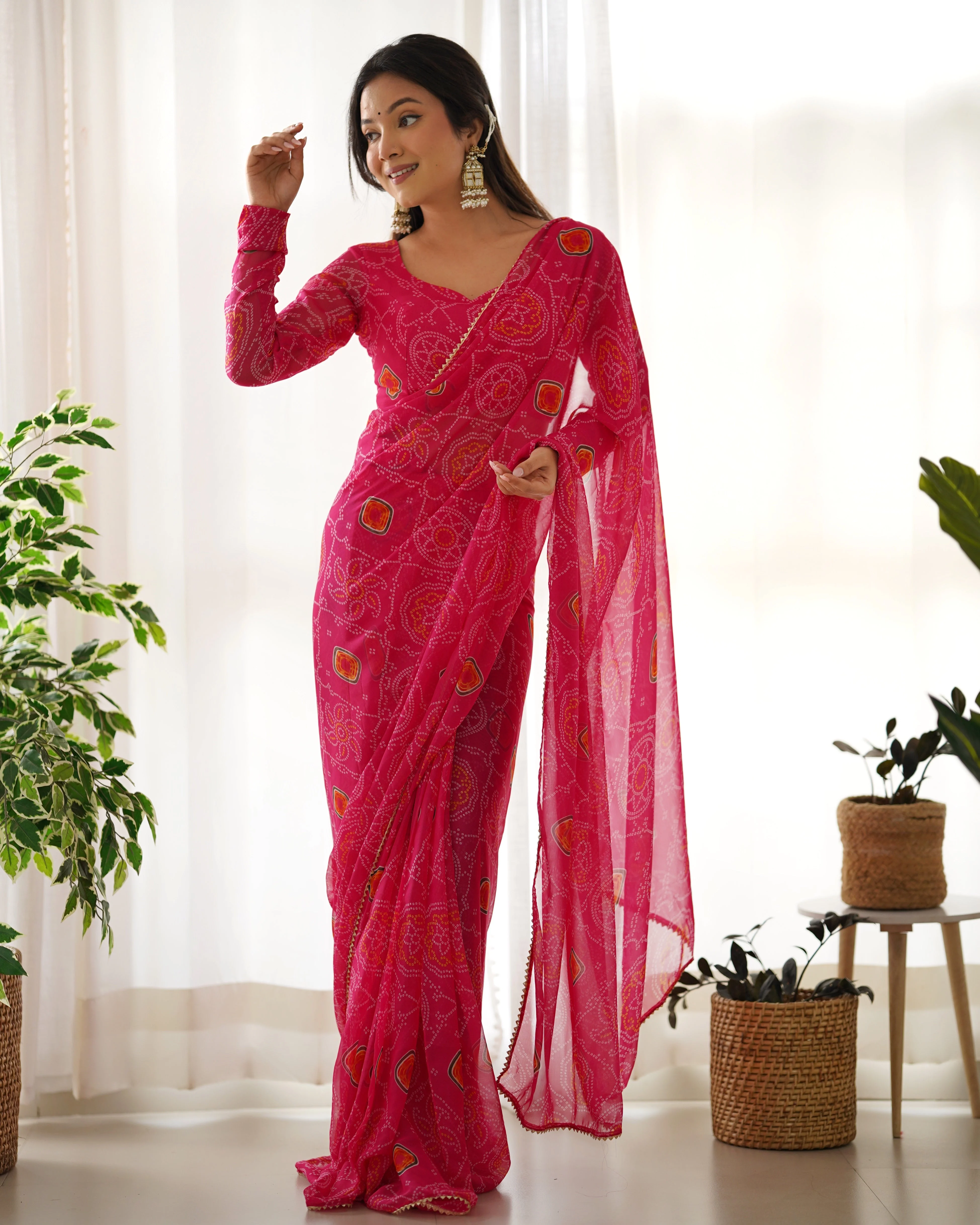 New Ready To Wear Pre Drapped Pure Soft Light Weight Chiffon Saree With Full Stitched Blouse - Image 9