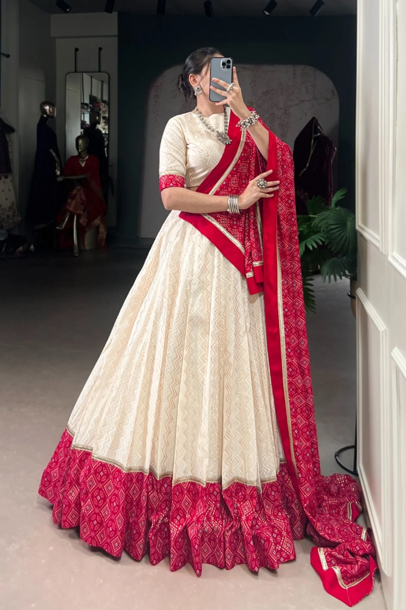 Off White Cotton Designer Zigzag And Bandhej Printed Beautiful Navratri Lehenga Choli - Image 3