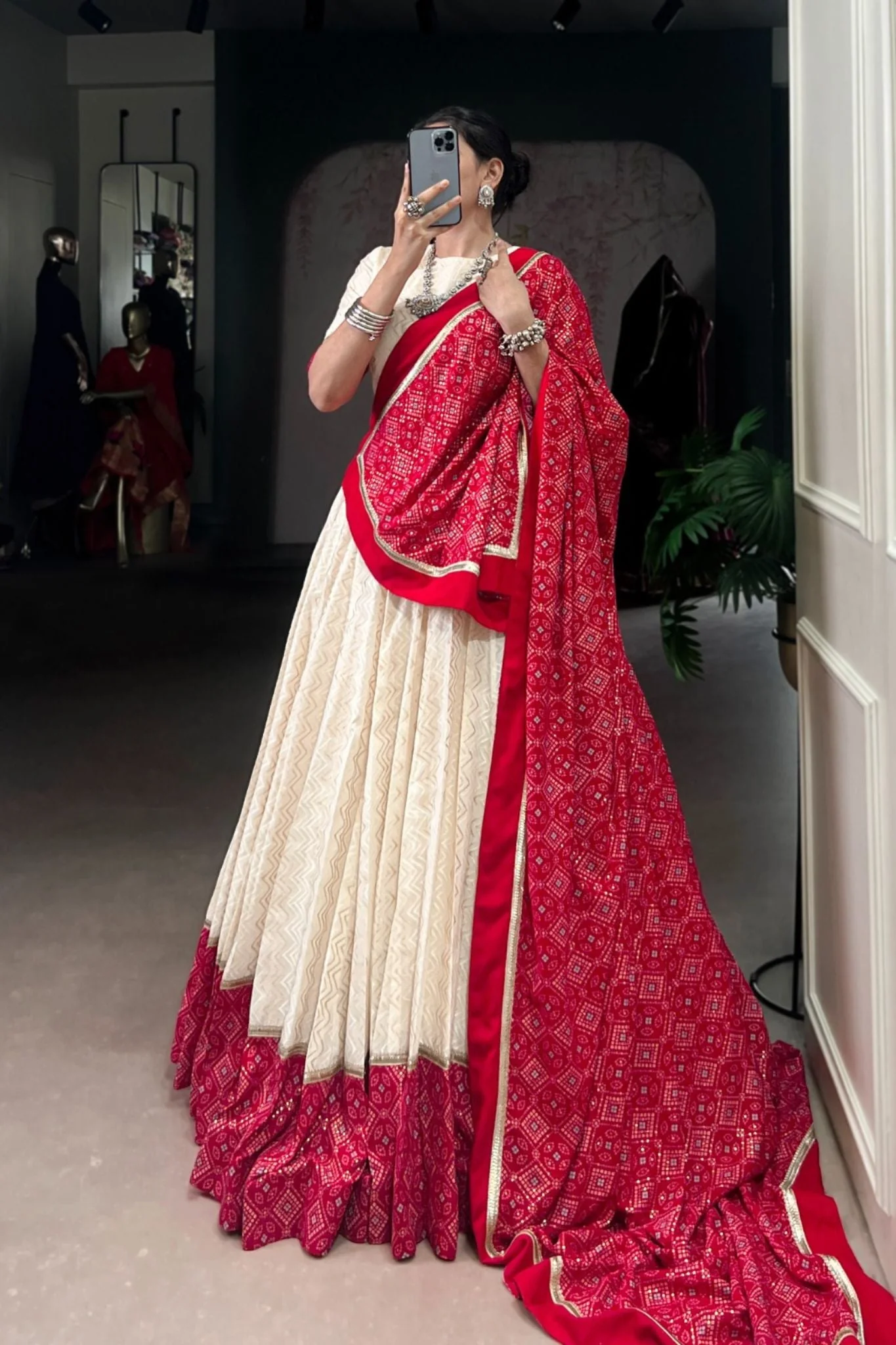 Off White Cotton Designer Zigzag And Bandhej Printed Beautiful Navratri Lehenga Choli - Image 4