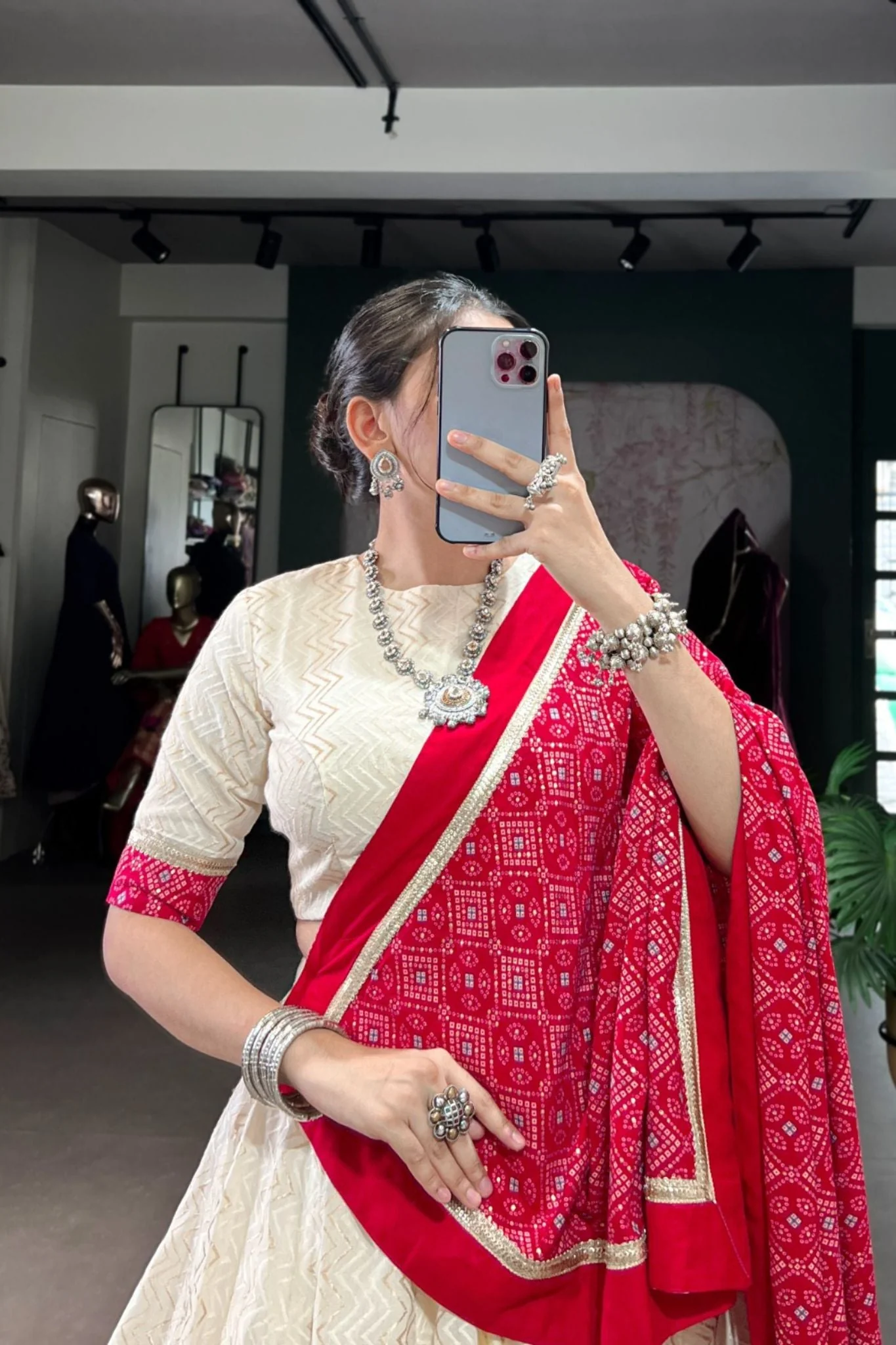 Off White Cotton Designer Zigzag And Bandhej Printed Beautiful Navratri Lehenga Choli - Image 5