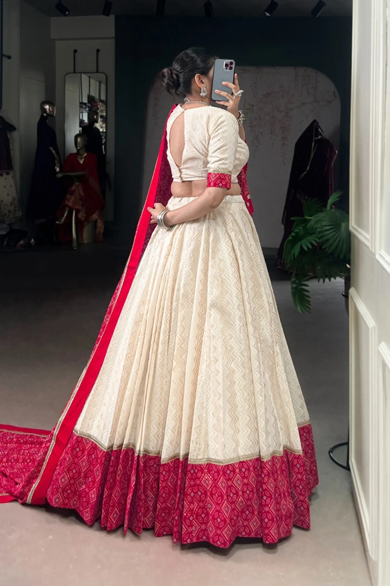 Off White Cotton Designer Zigzag And Bandhej Printed Beautiful Navratri Lehenga Choli - Image 6