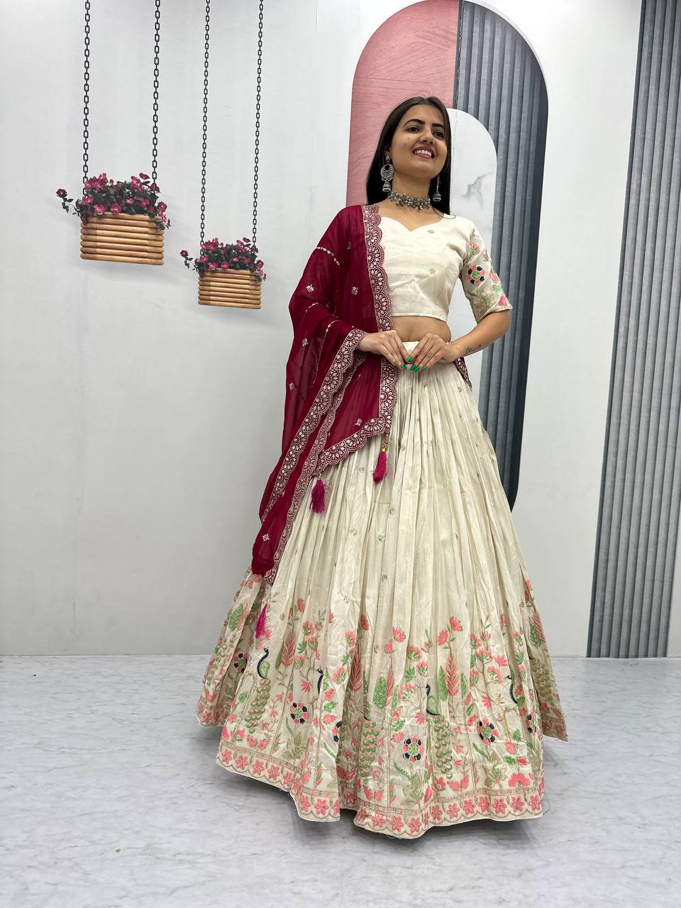 Off-White Tissue Silk Embroidered Lehenga Choli with Dupatta - Image 2
