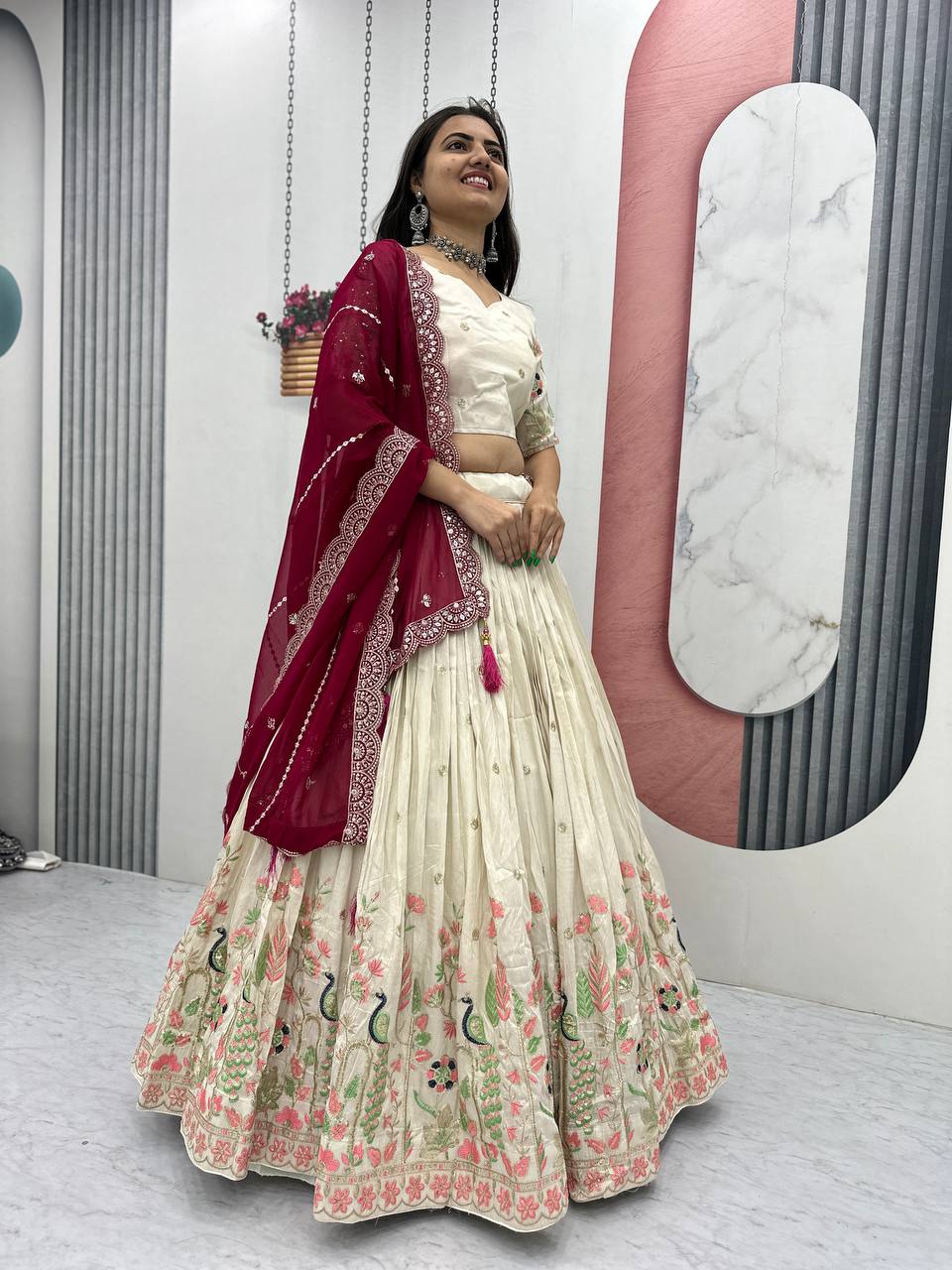 Off-White Tissue Silk Embroidered Lehenga Choli with Dupatta - Image 3