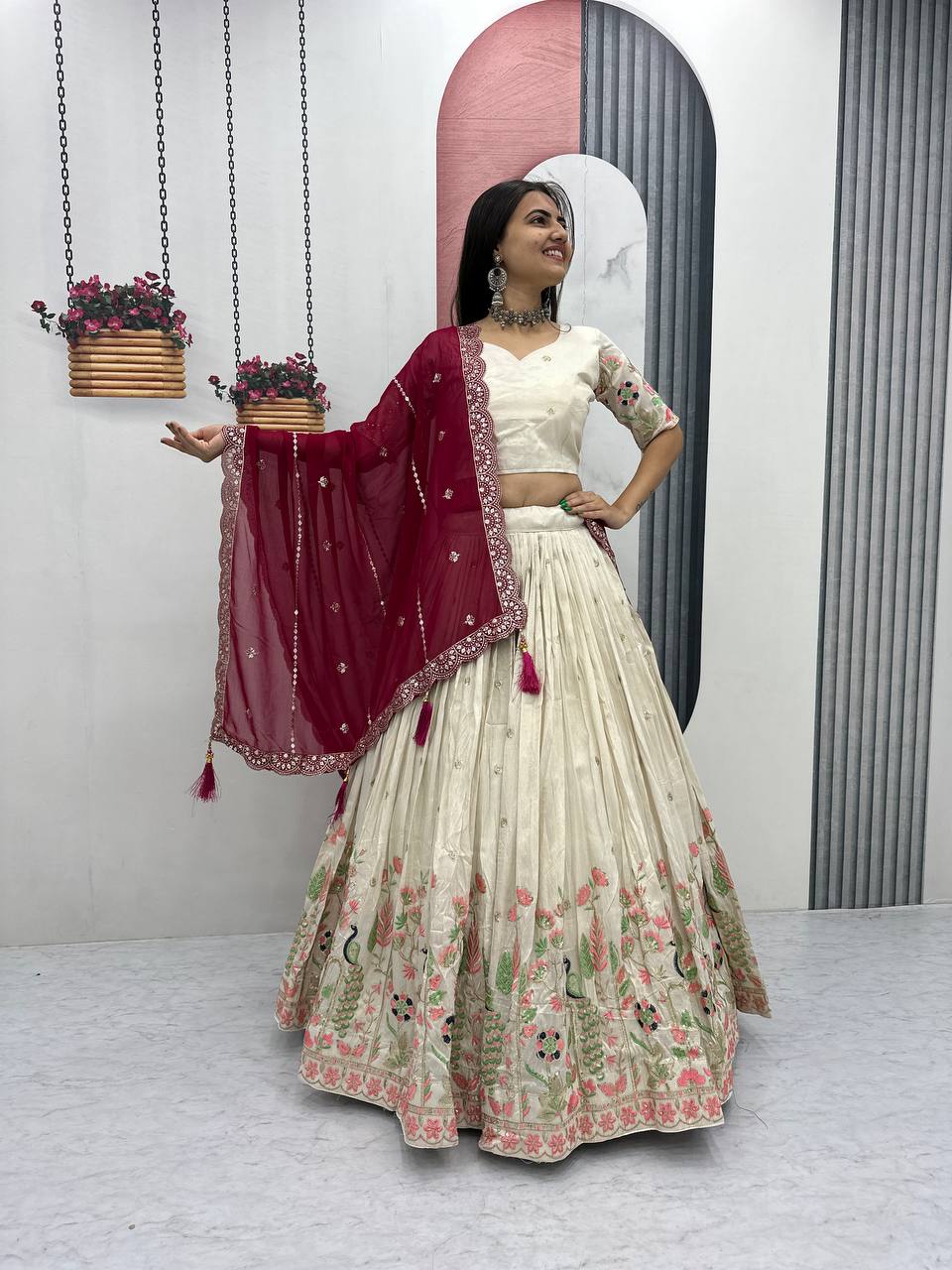 Off-White Tissue Silk Embroidered Lehenga Choli with Dupatta - Image 4