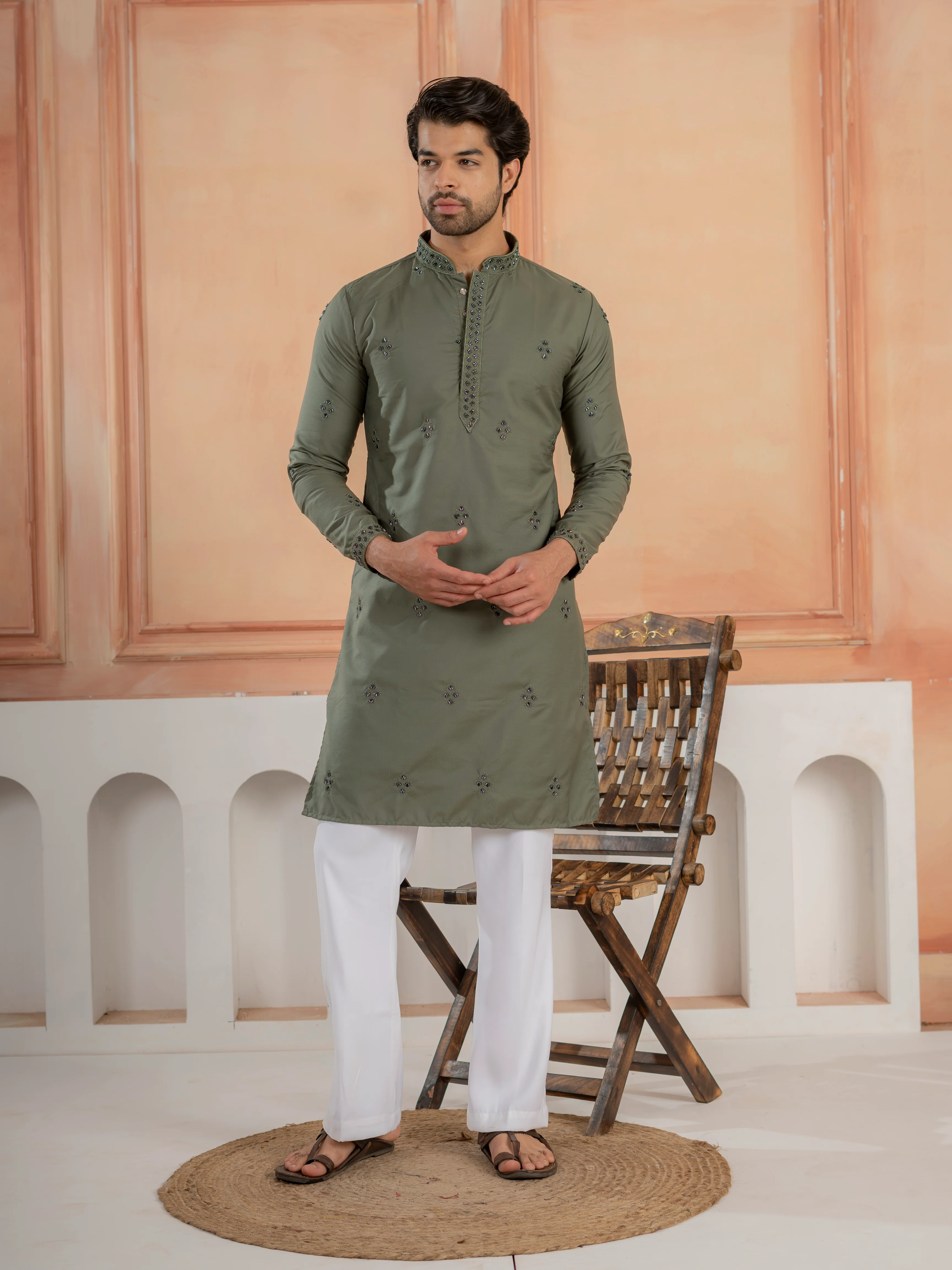 Olive Green Cotton Featuring Val-Moti Butta Work Kurta Set
