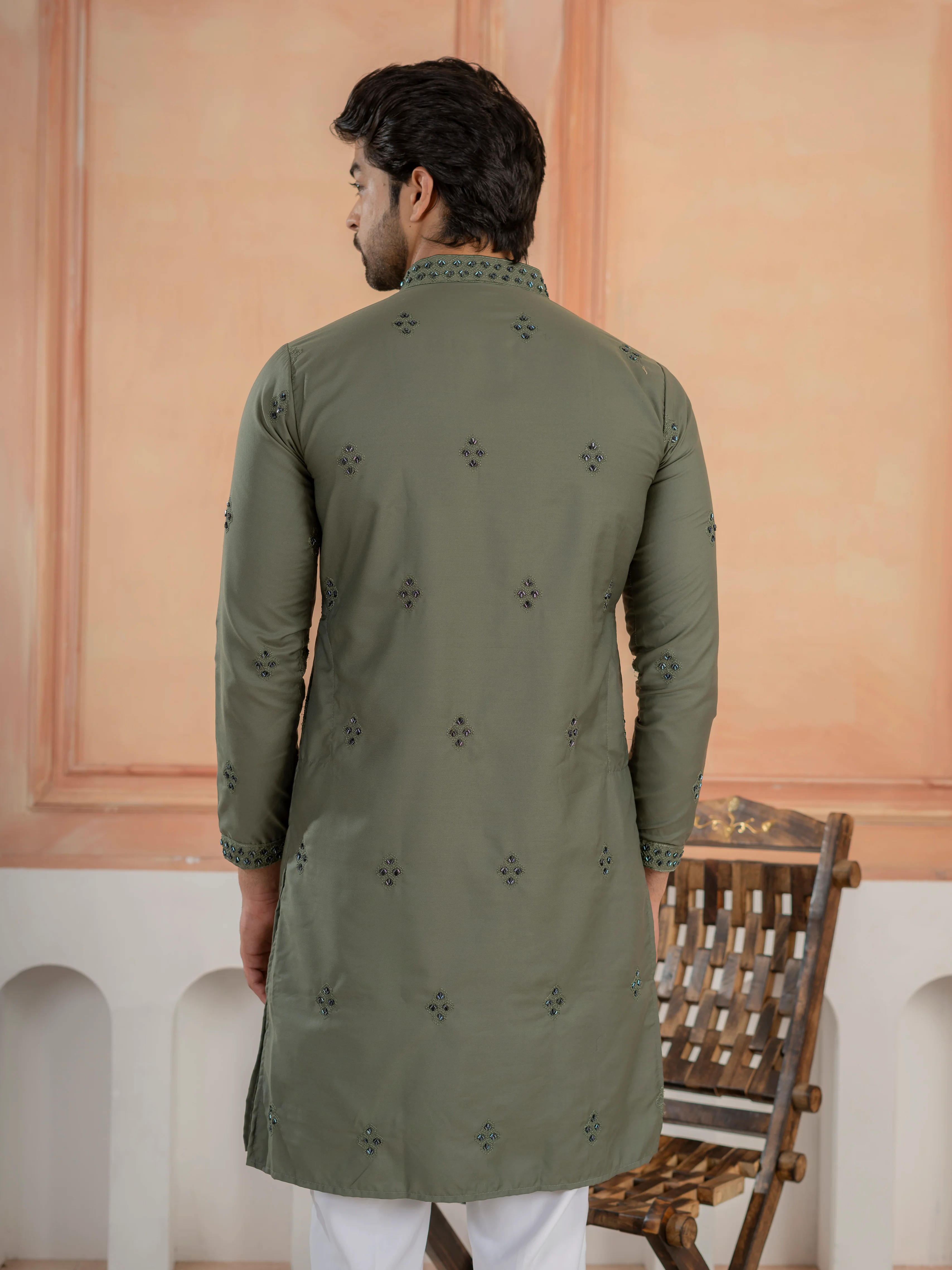 Olive Green Cotton Featuring Val-Moti Butta Work Kurta Set - Image 5