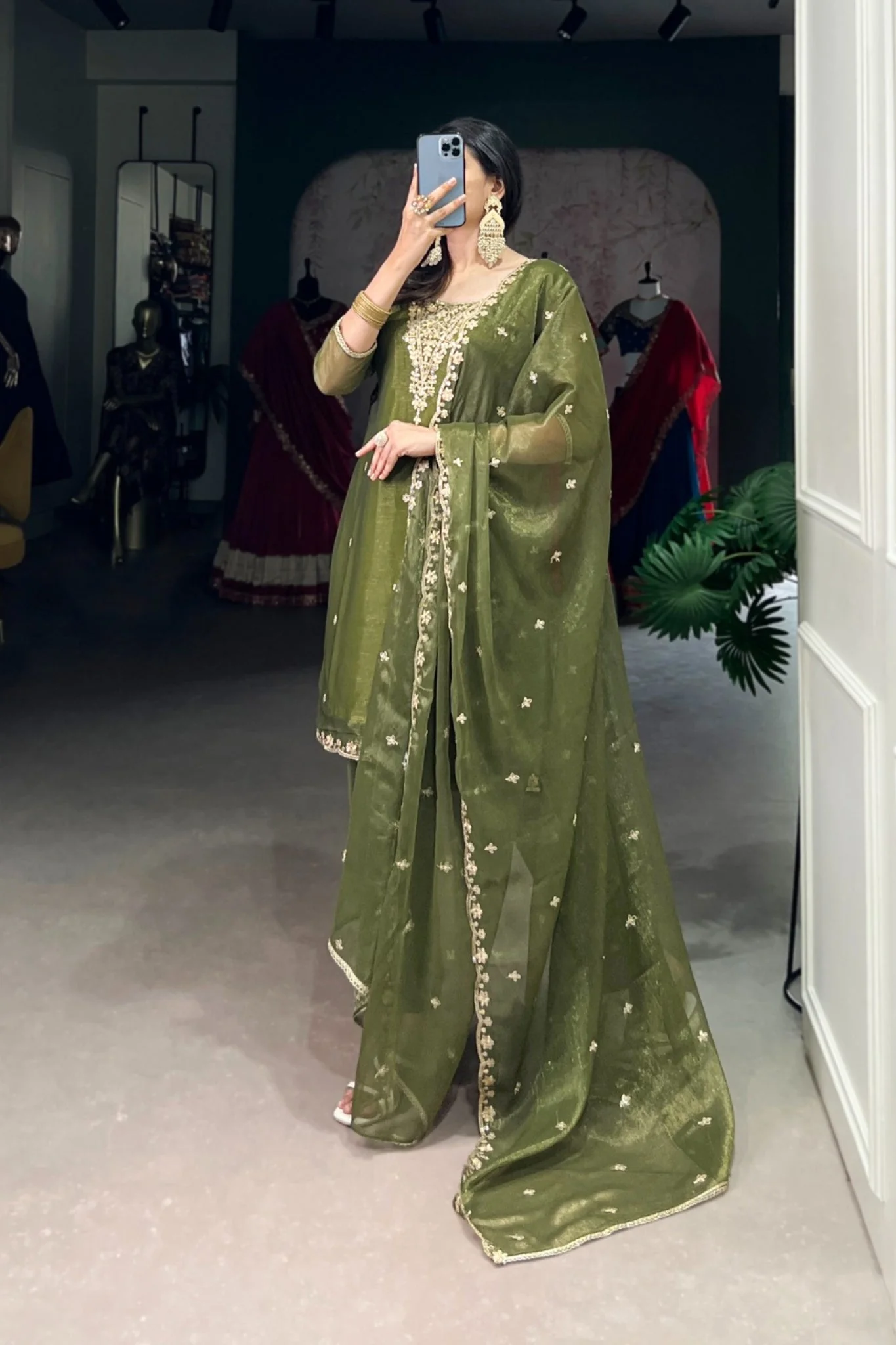 Olive Green Gold Coin Sequins Tread Embroidery Work Ethnic Dress - Image 2